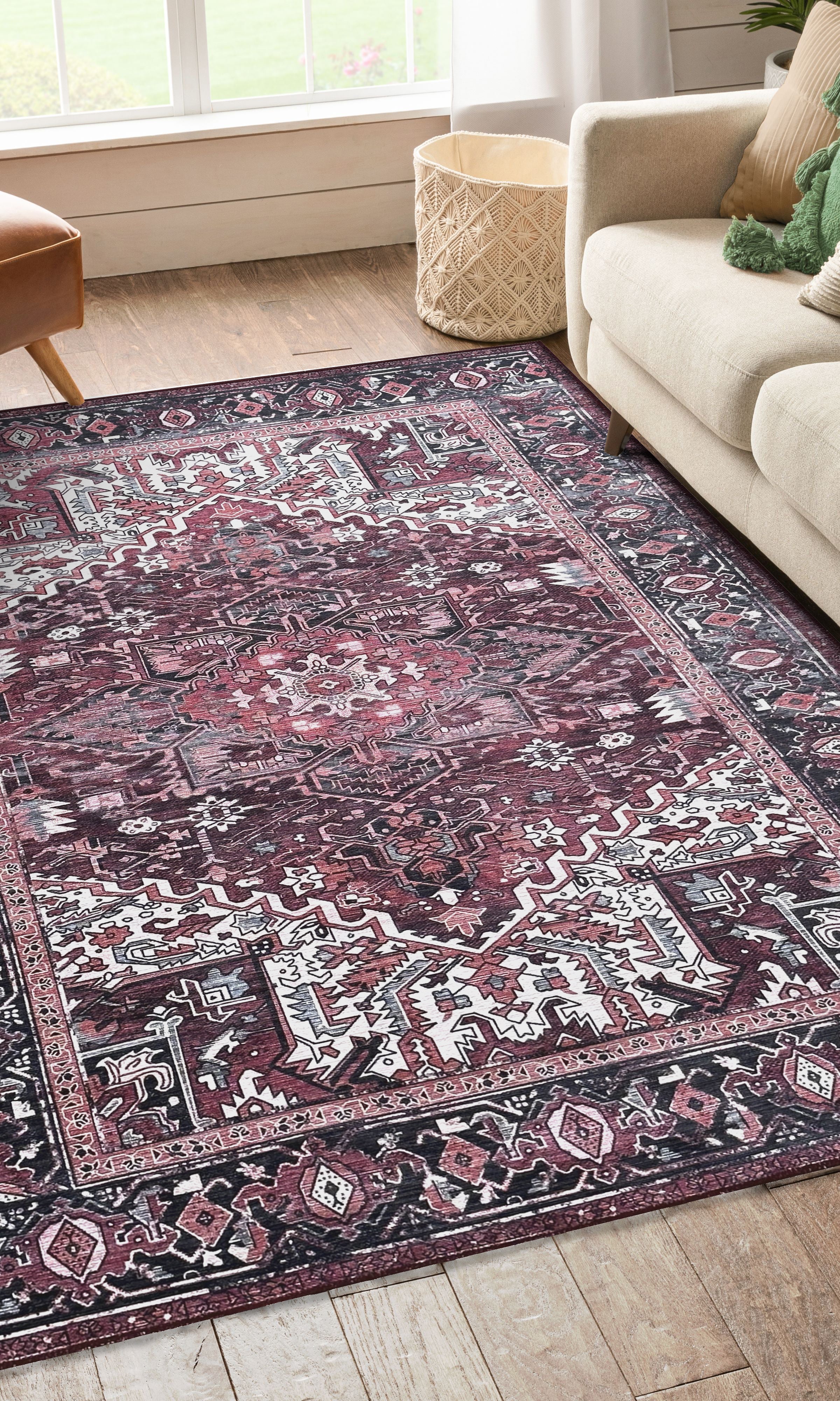 Avla Burgundy Red Floral Heriz Persian Rug