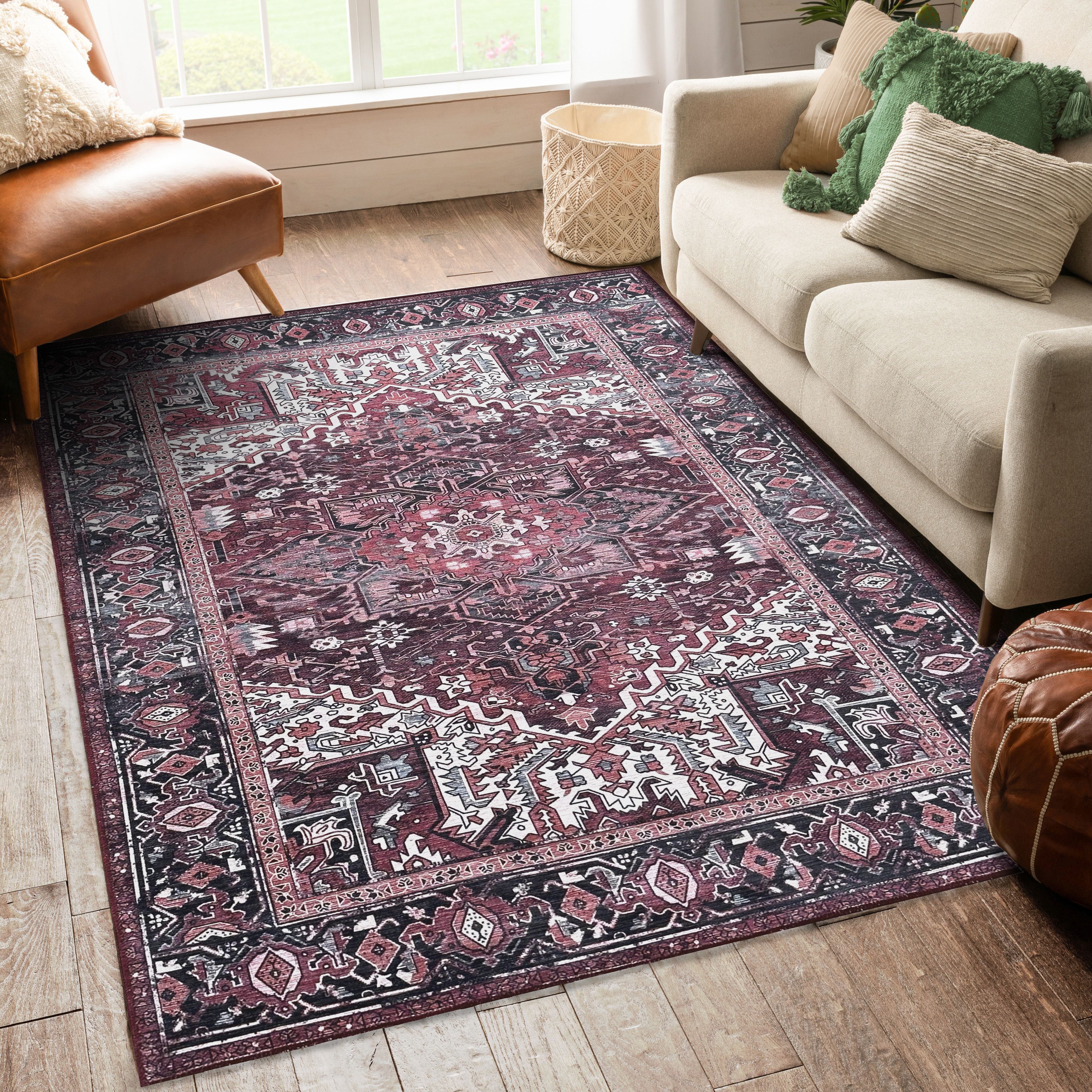 Avla Burgundy Red Floral Heriz Persian Rug
