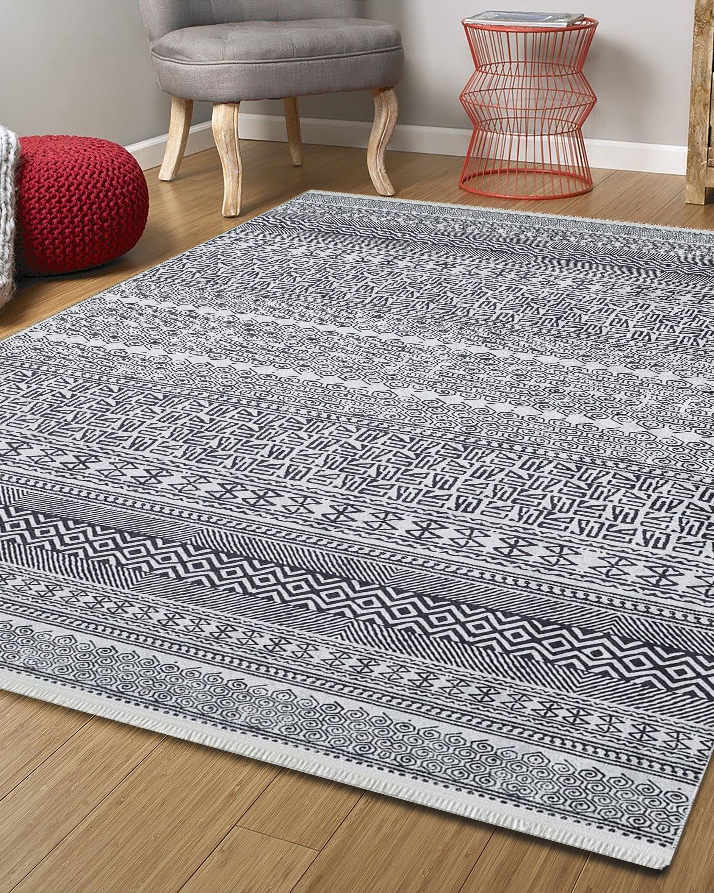 Basma Turkish Geometric Gray Black Rug