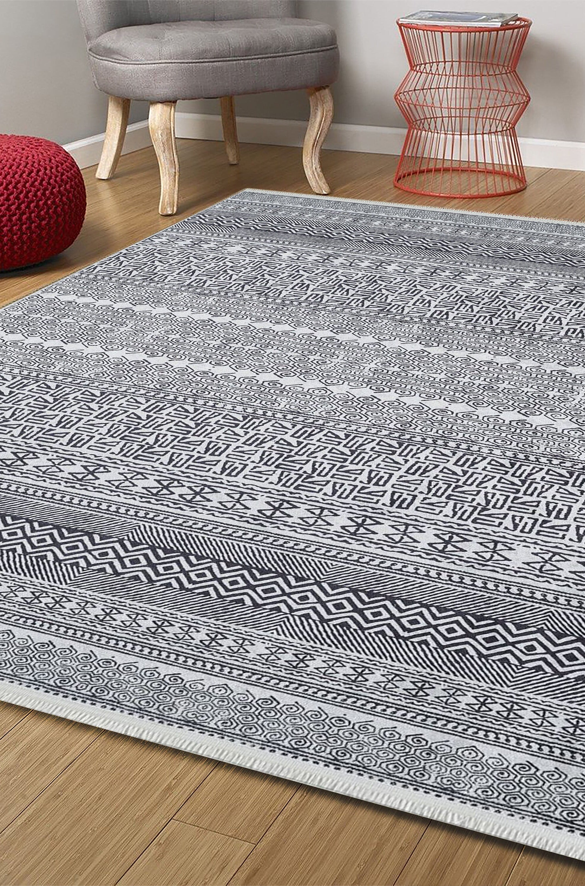 Basma Turkish Geometric Gray Black Rug