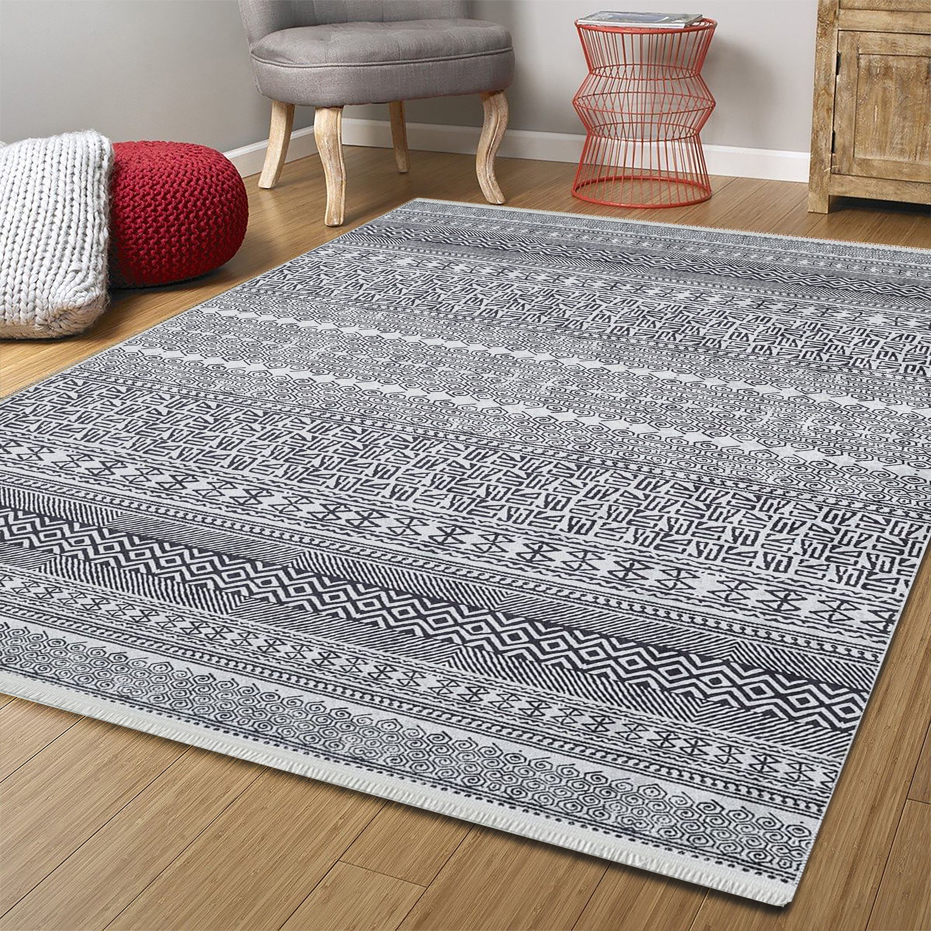 Basma Turkish Geometric Gray Black Rug