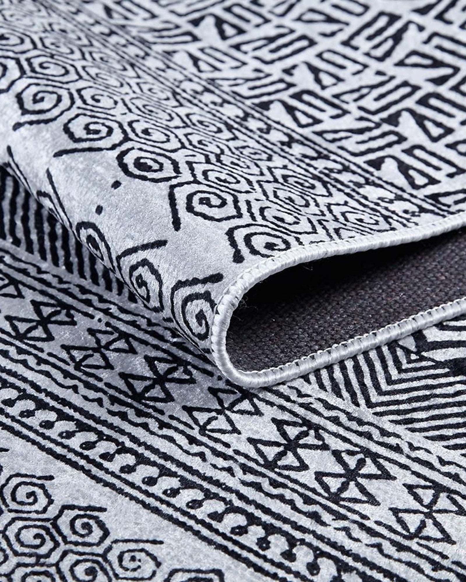 Basma Turkish Geometric Gray Black Rug