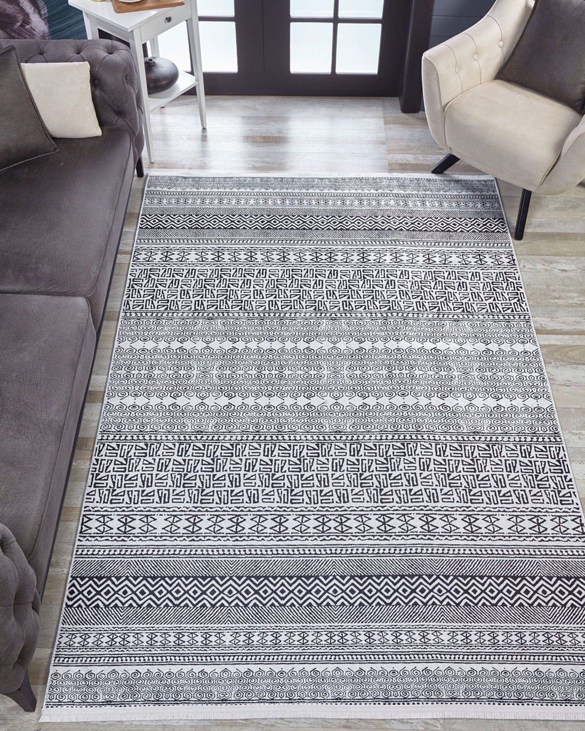 Basma Turkish Geometric Gray Black Rug