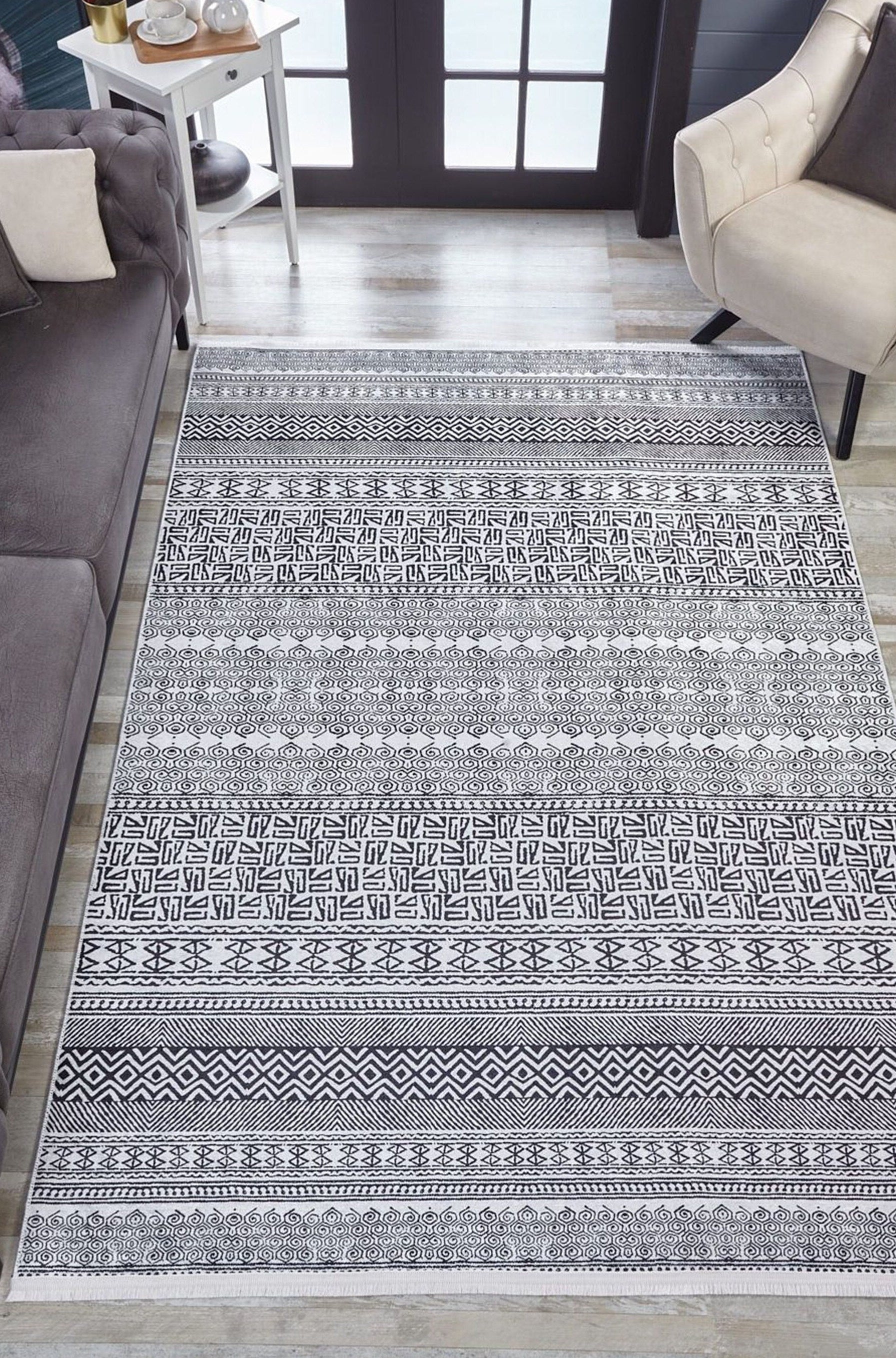 Basma Turkish Geometric Gray Black Rug