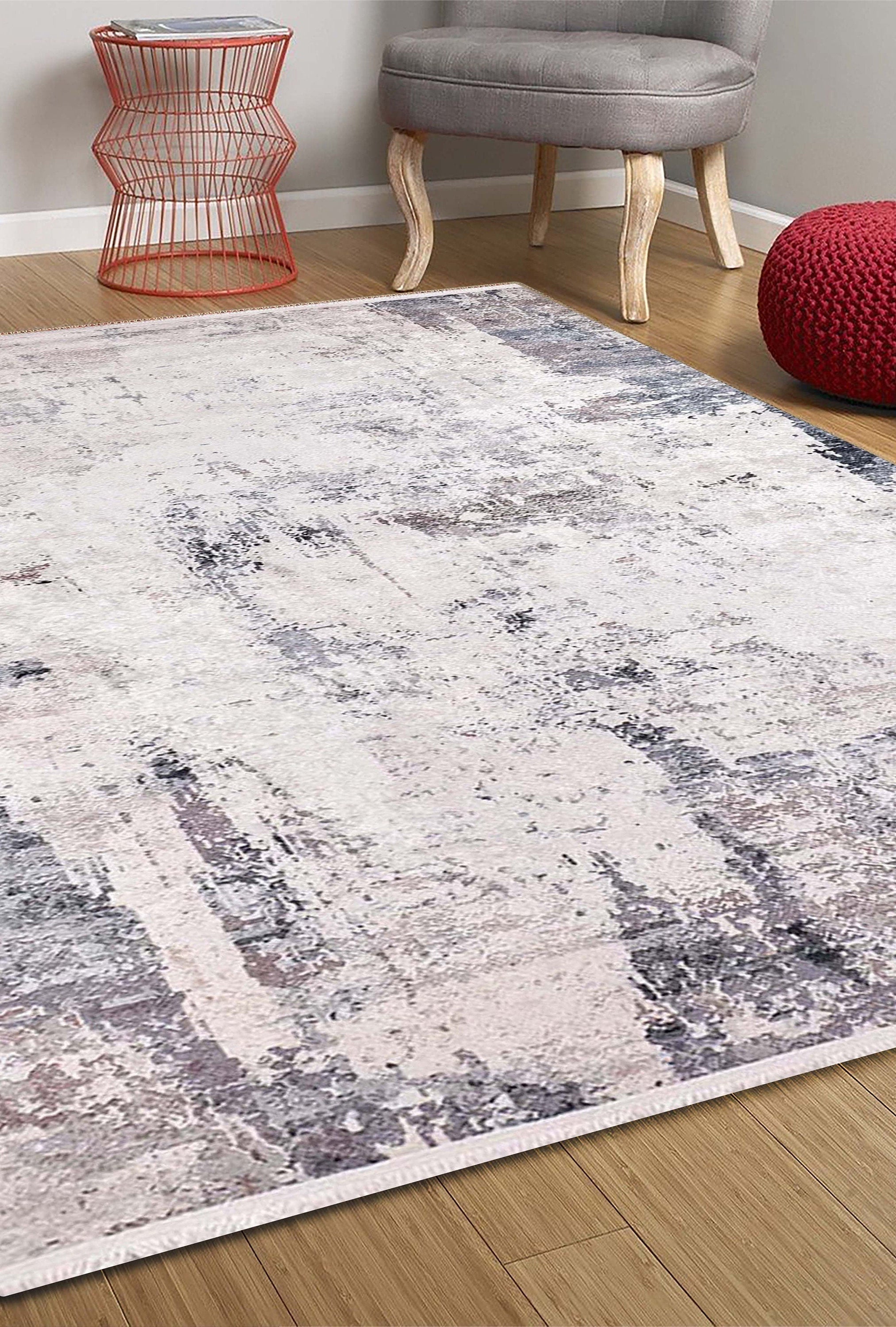 Bayda Turkish Distressed Abstract Gray Ivory Rug