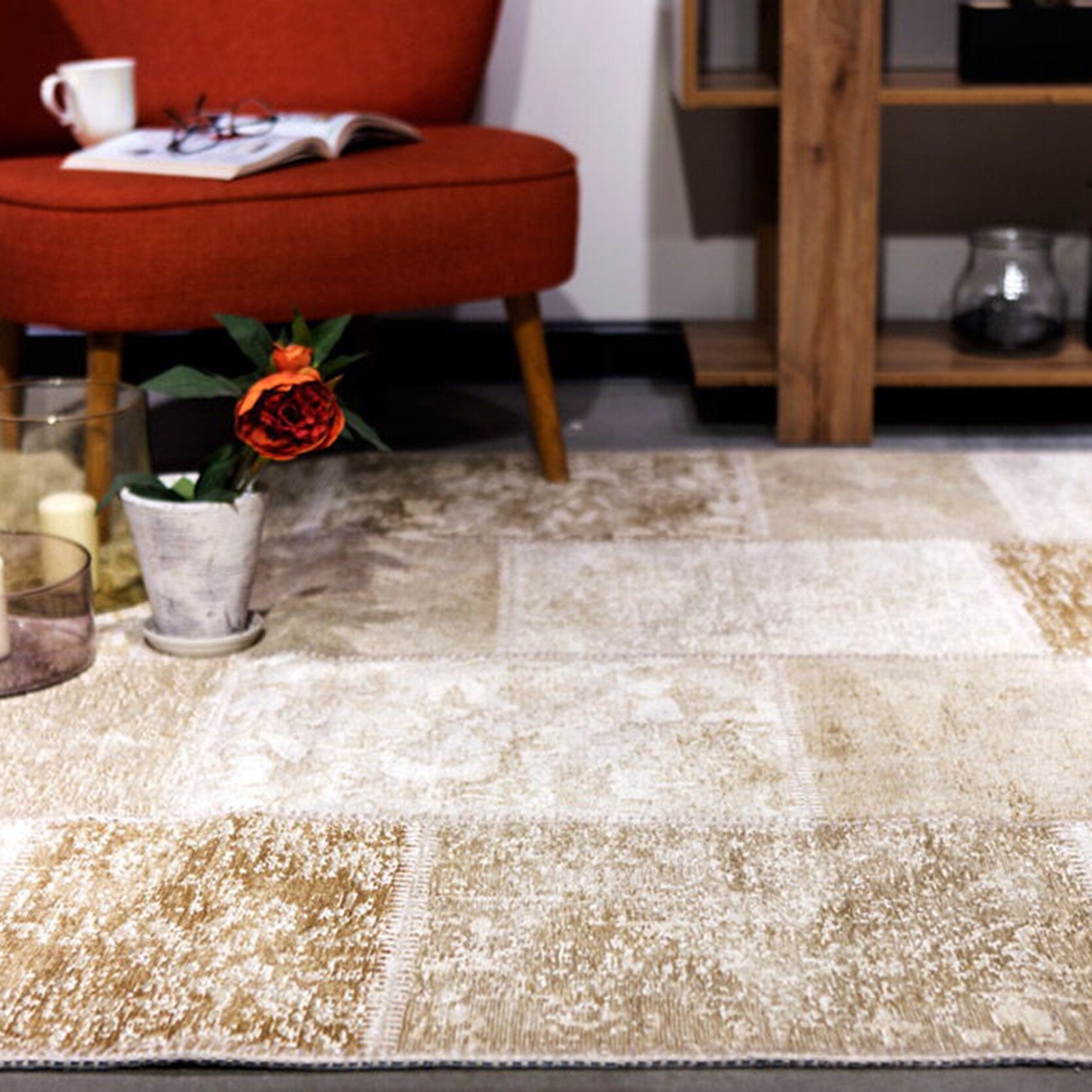 Ayden Beige Patchwork Distressed Turkish Rug