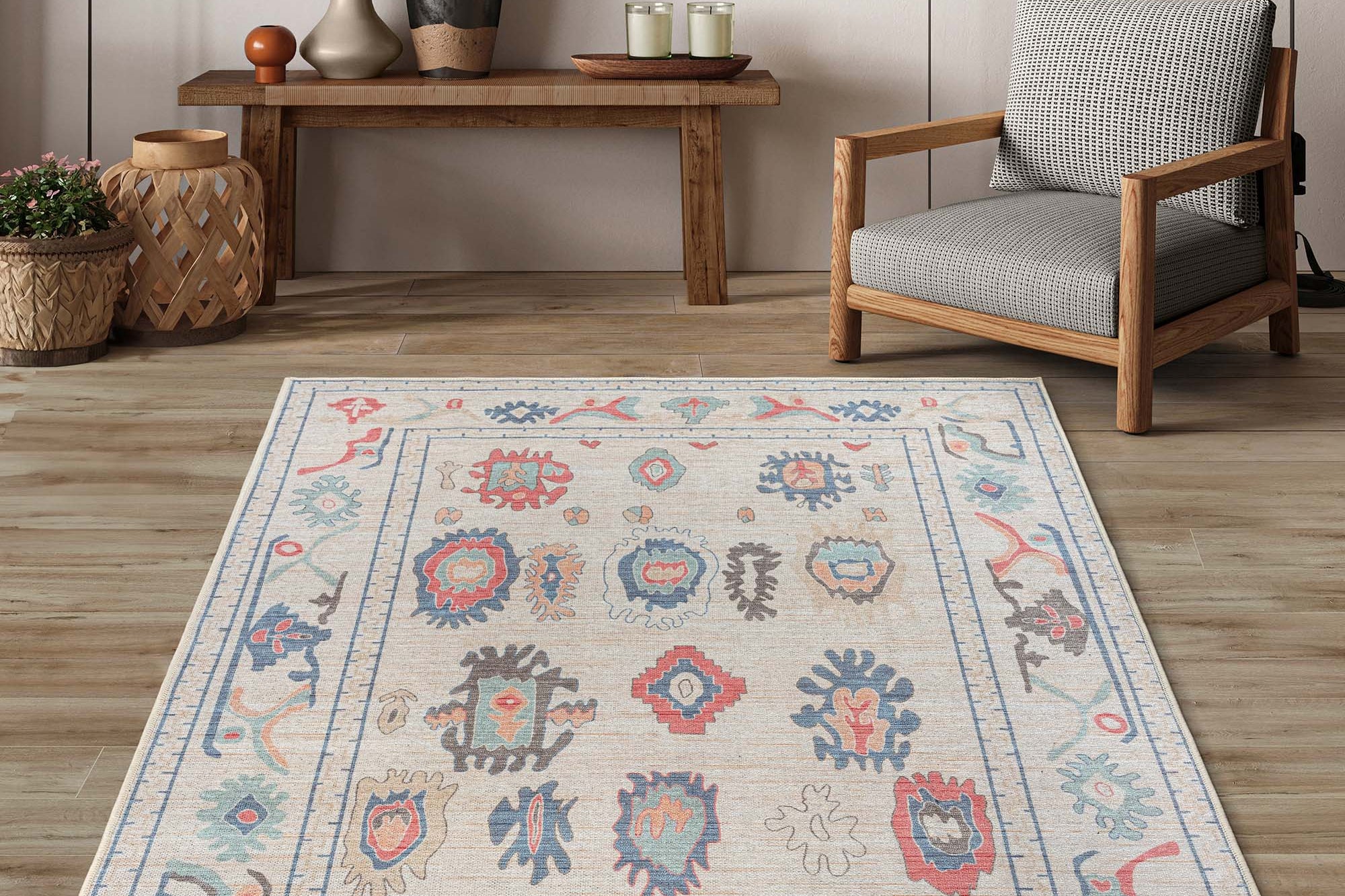 Beige Oushak Area Washable Rug