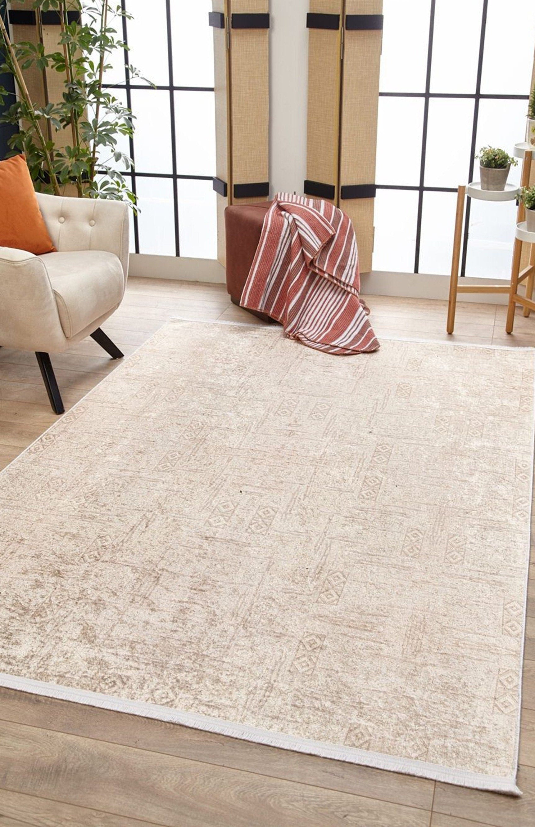 Bella Turkish Muted Tribal Solid Beige Rug