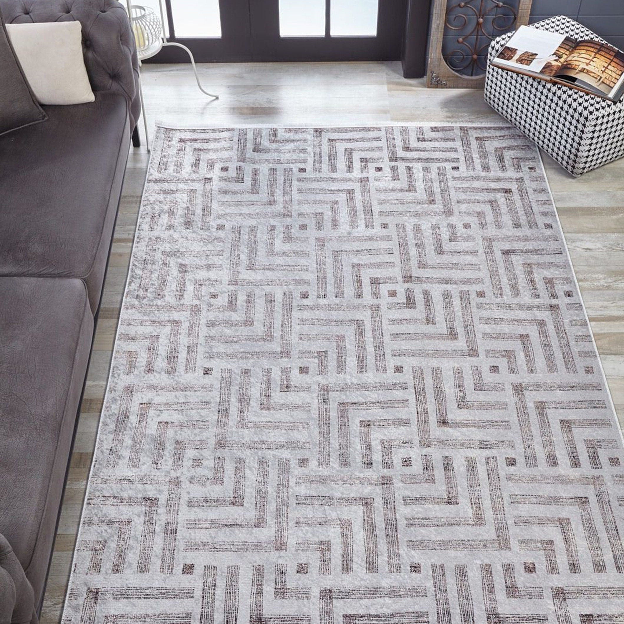 Beypa Pearl Brown Rug Black & White Geometric Area Rugs