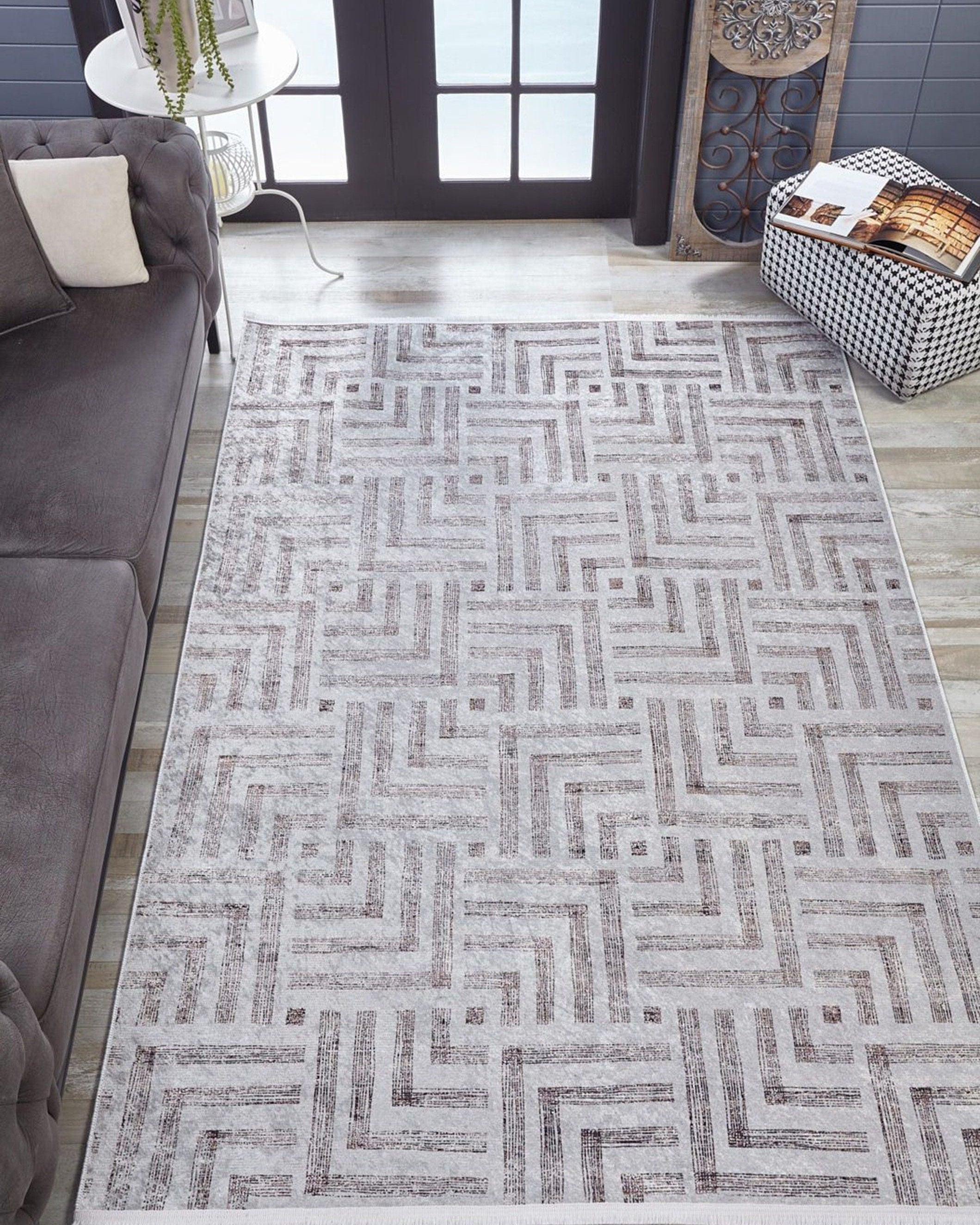 Beypa Pearl Brown Rug Black & White Geometric Area Rugs