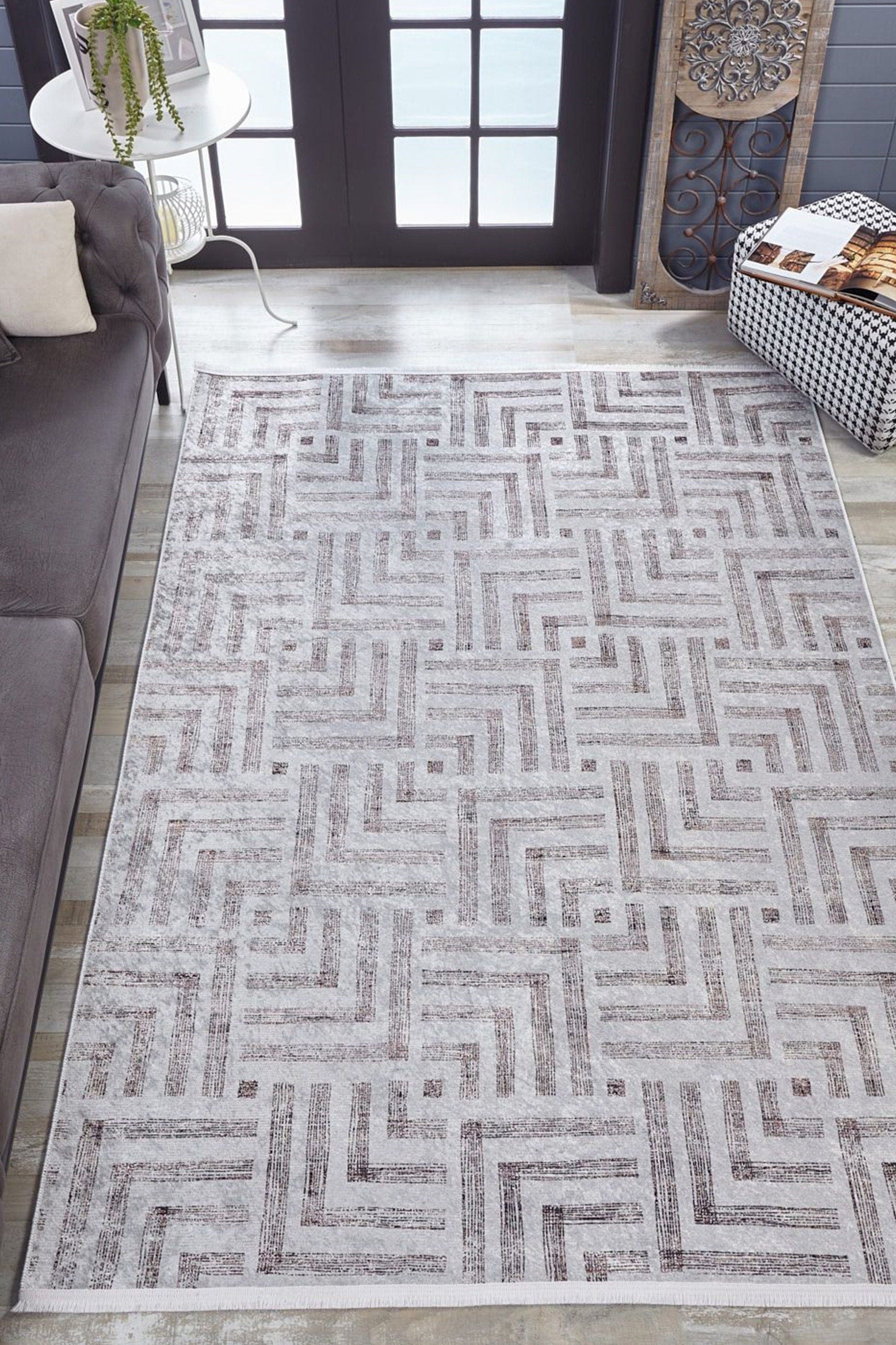 Beypa Pearl Brown Rug Black & White Geometric Area Rugs