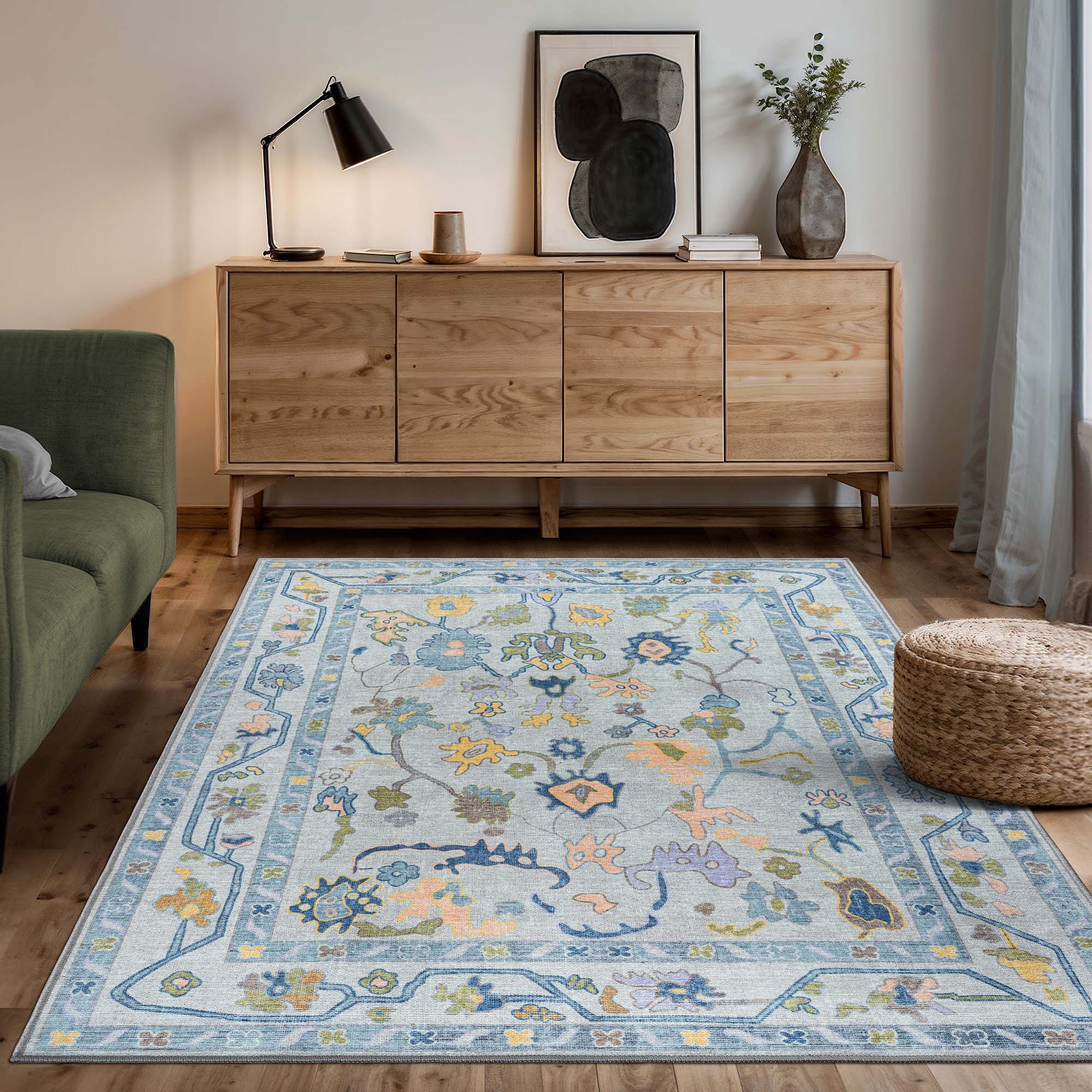 Blue Oushak Vintage Washable Rug