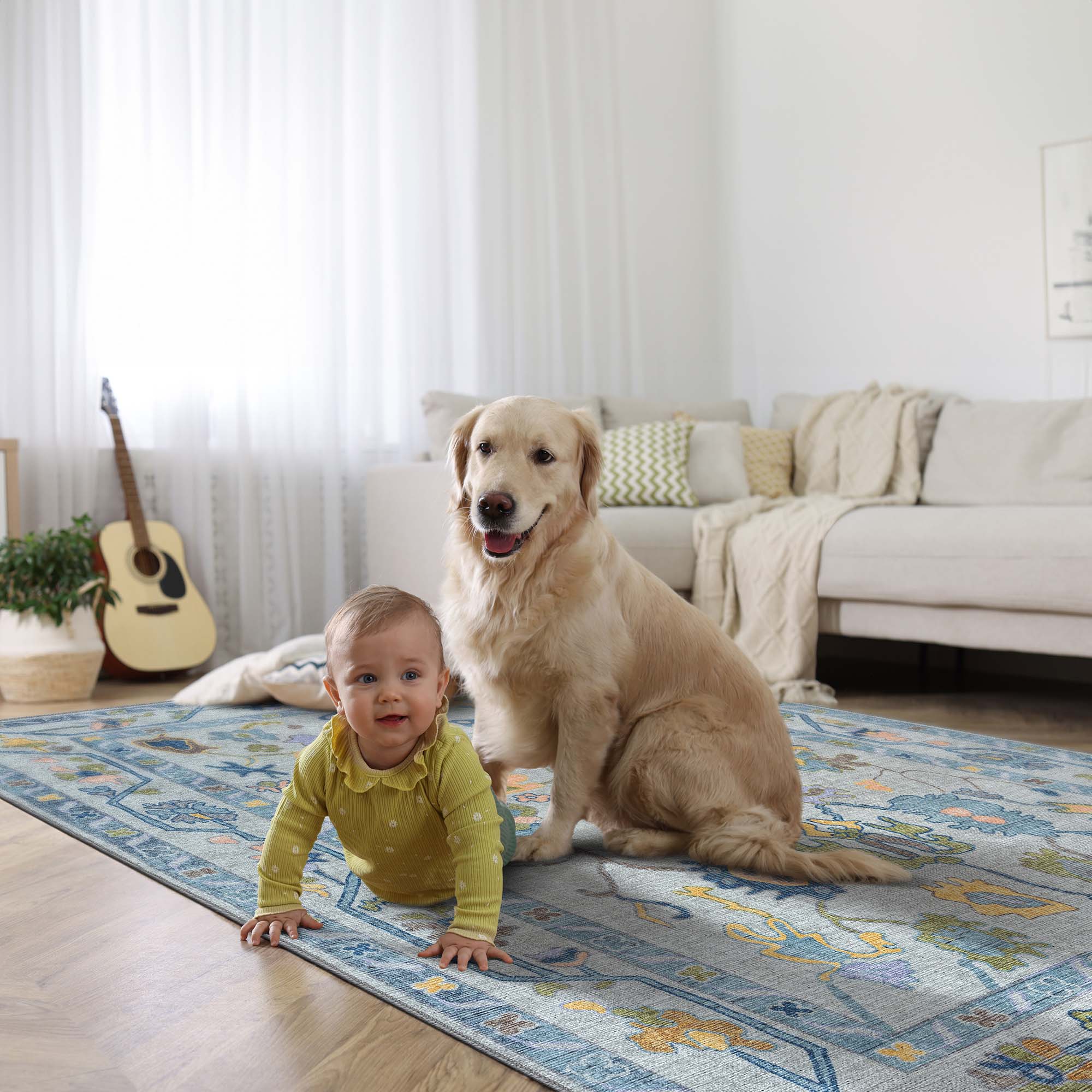 Blue Oushak Vintage Washable Rug