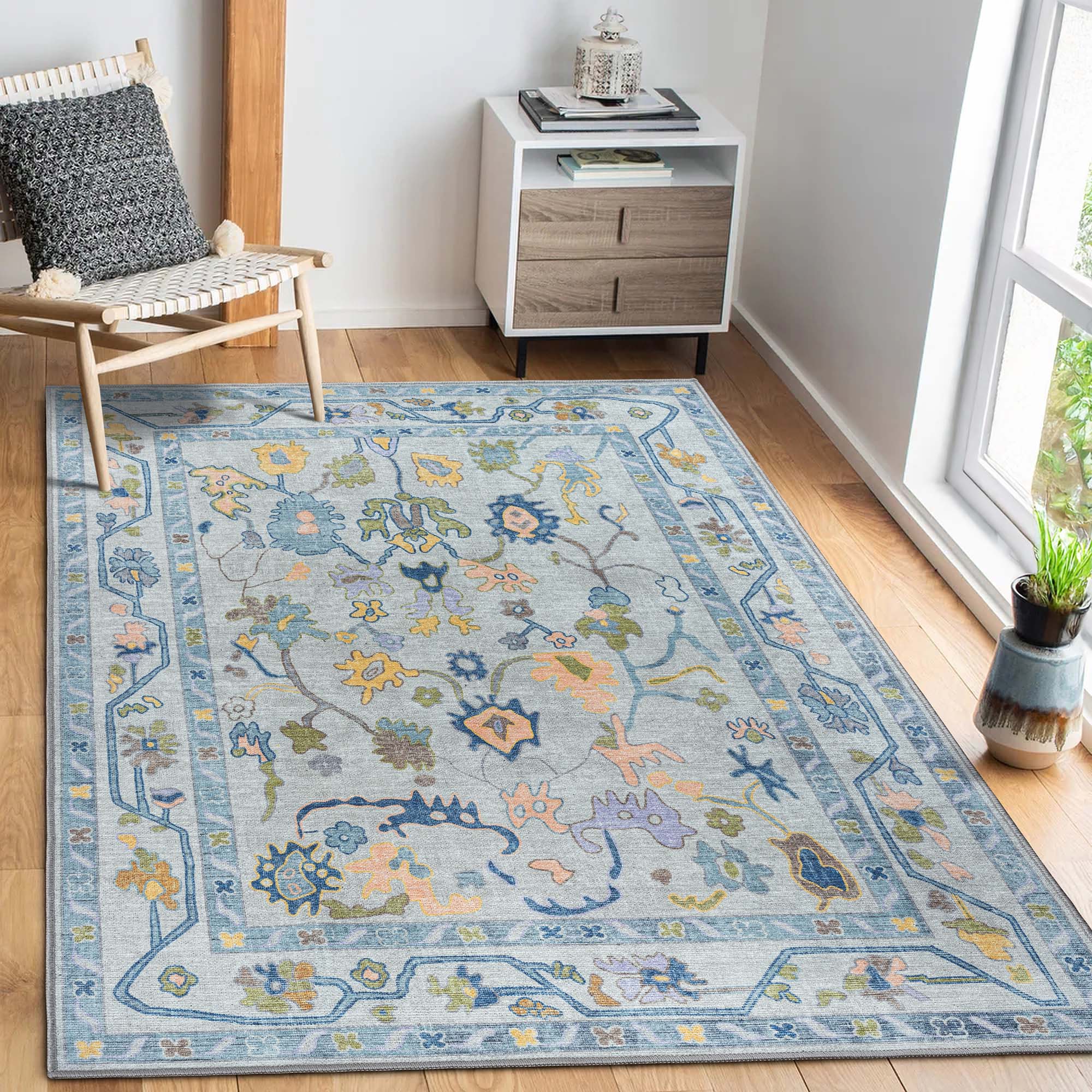 Blue Oushak Vintage Washable Rug