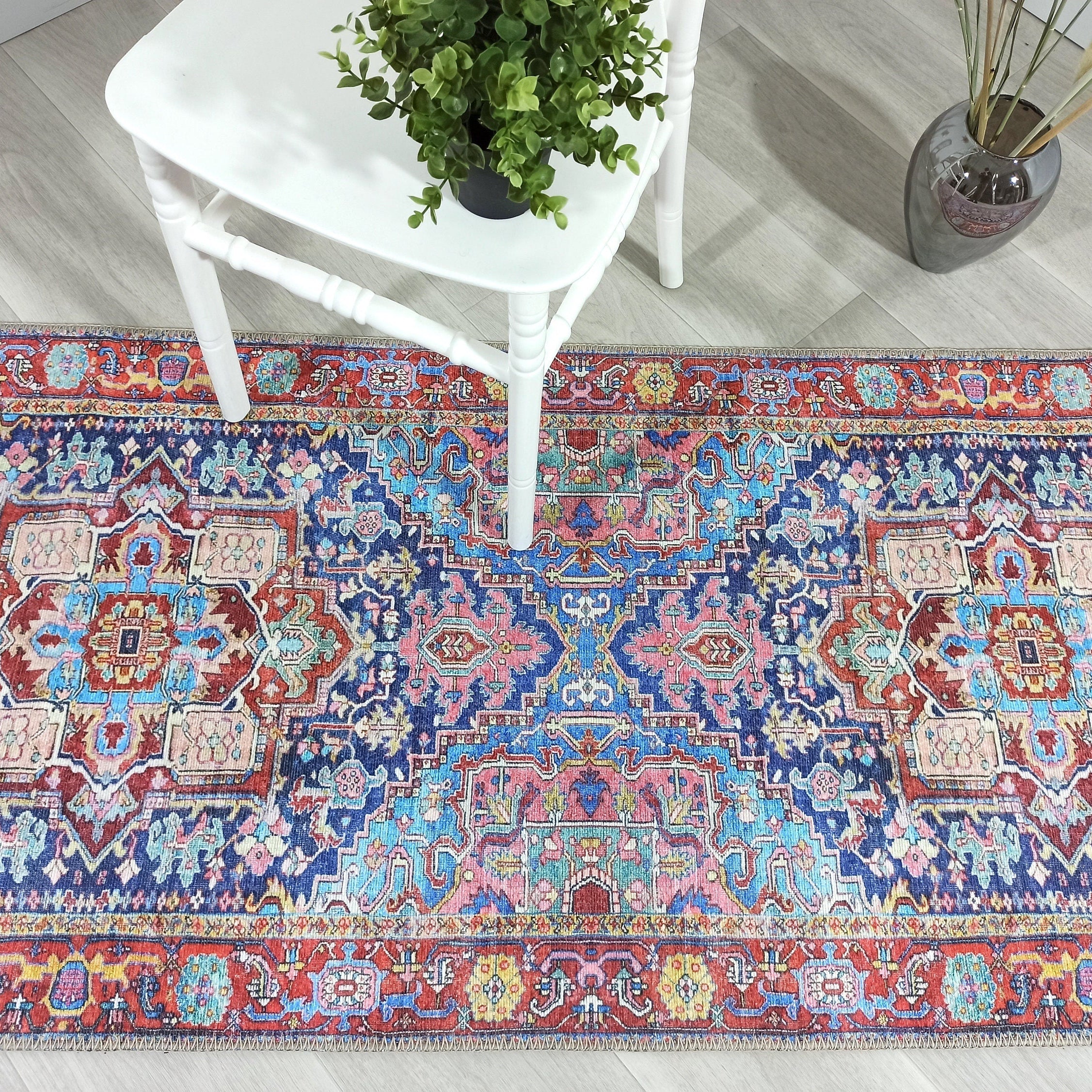 Dala Vintage Pink Navy Blue Rug