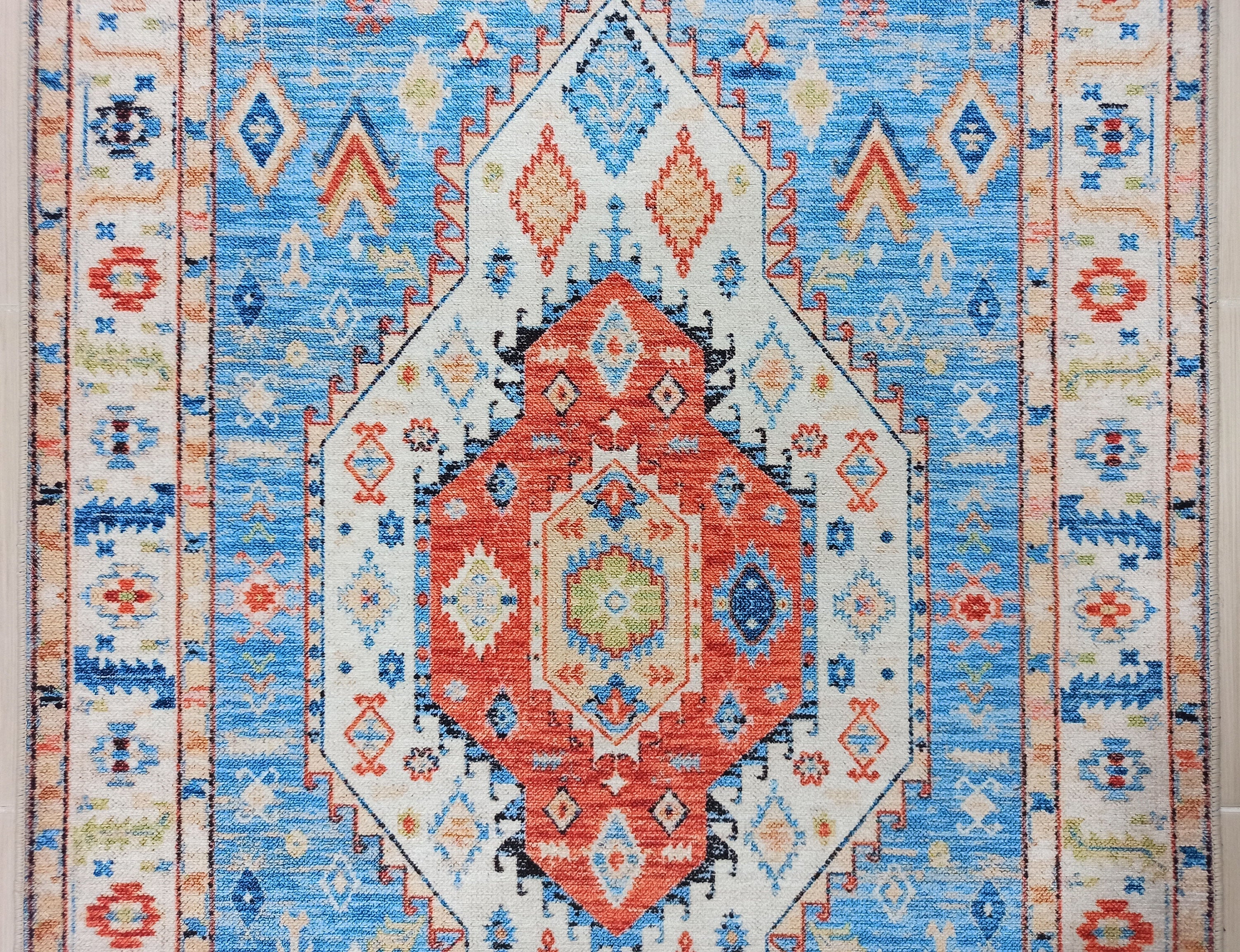 Daniz Rug Turkish Light Blue & Coral Red Rug