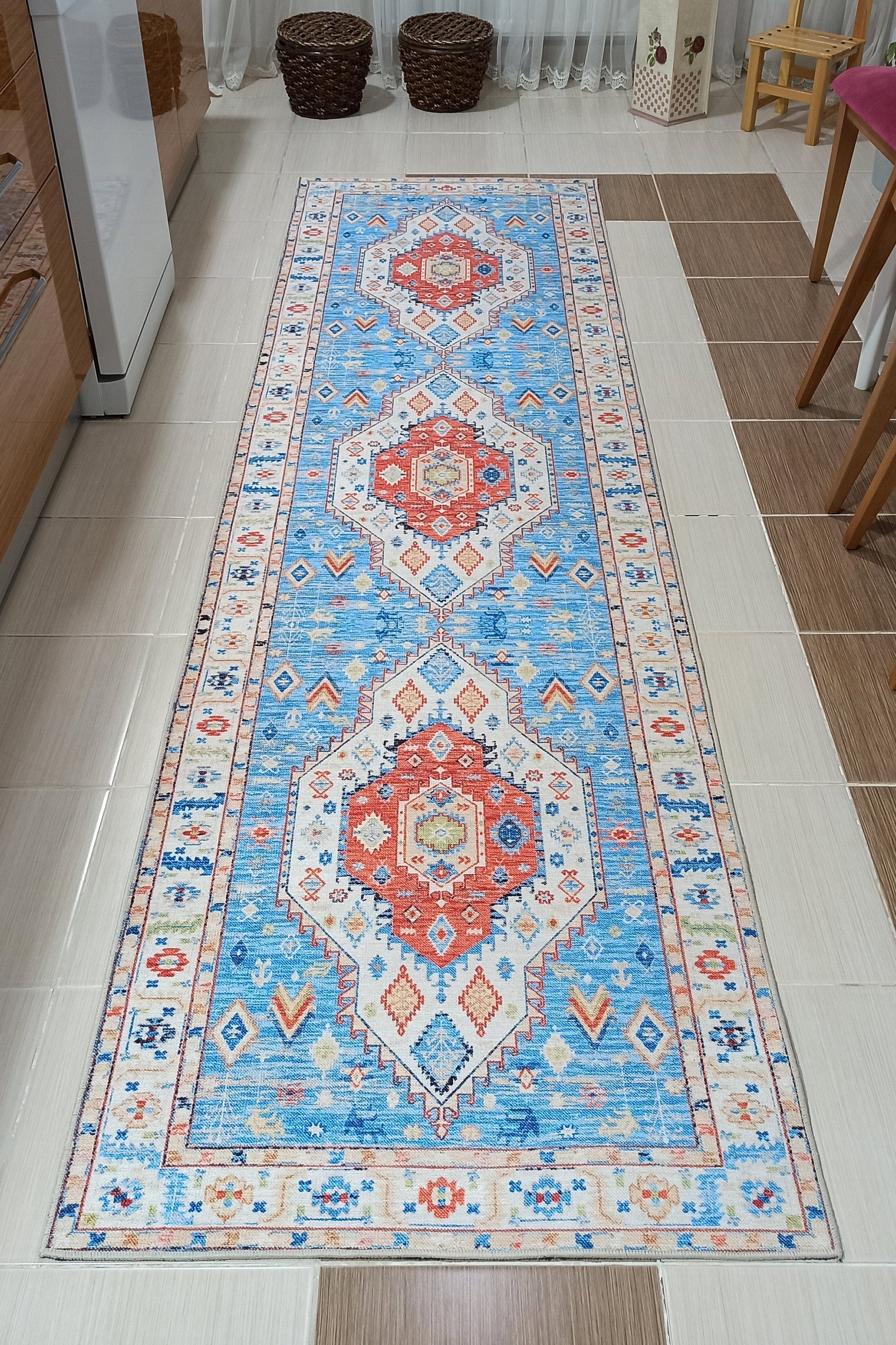 Daniz Rug Turkish Light Blue & Coral Red Rug
