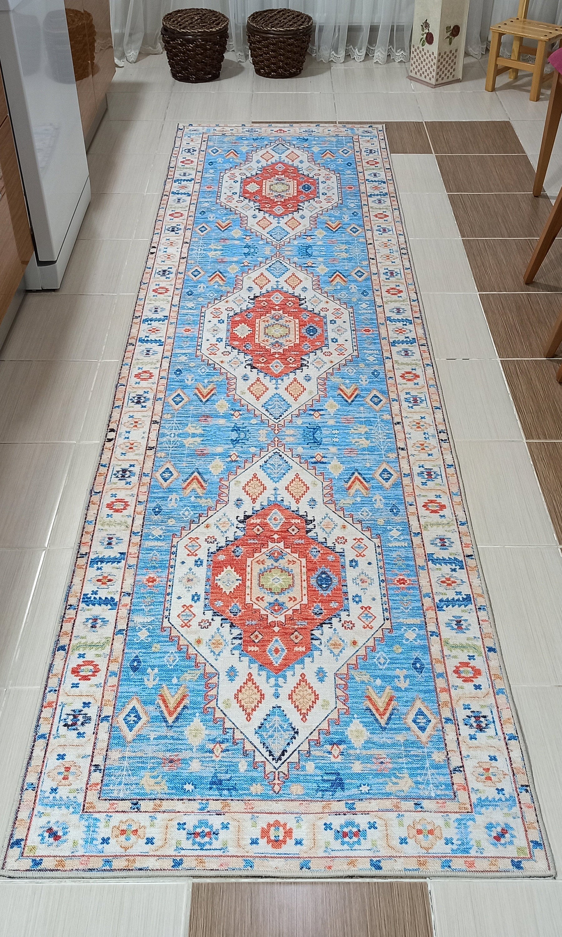 Daniz Rug Turkish Light Blue & Coral Red Rug