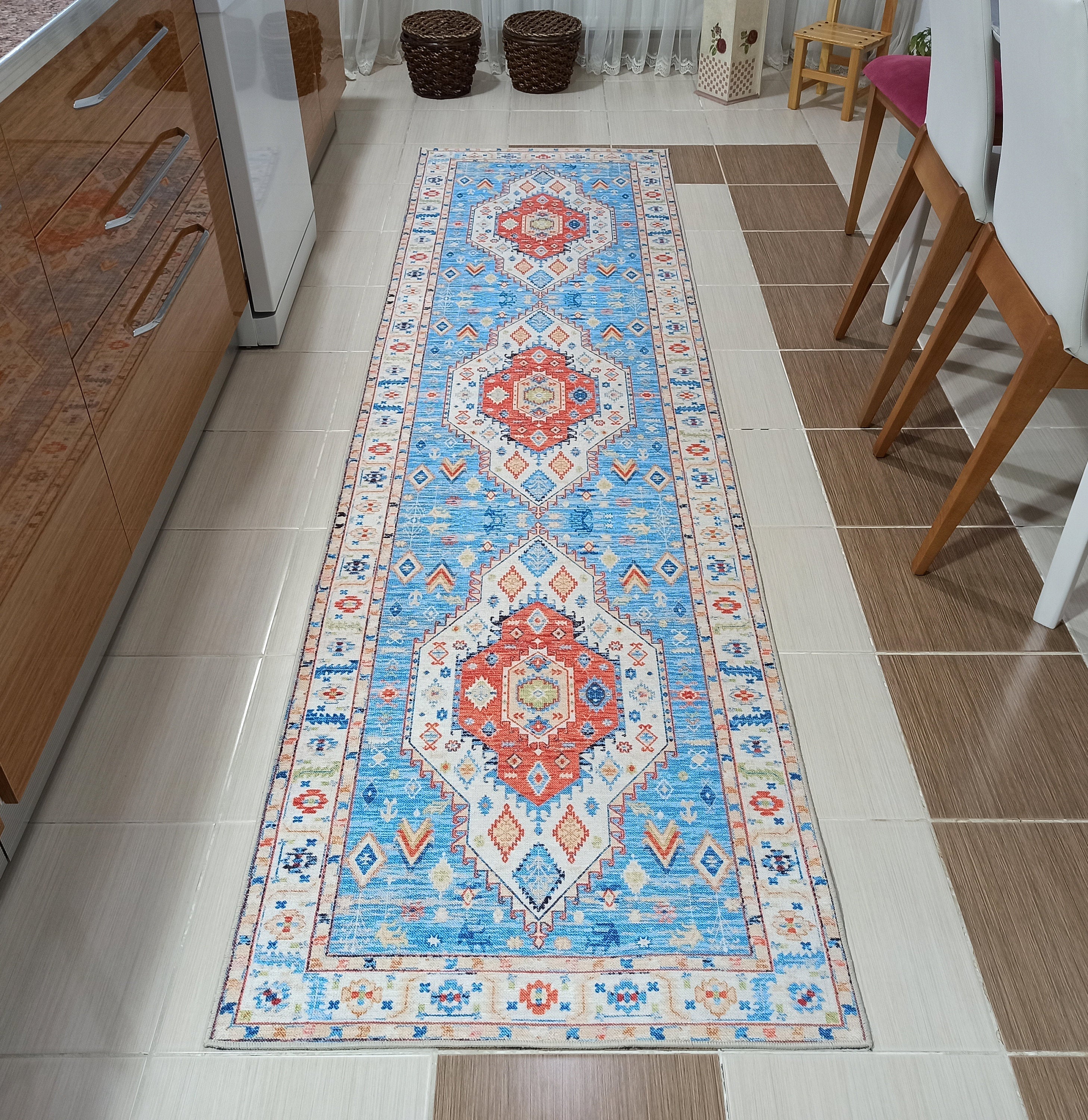 Daniz Rug Turkish Light Blue & Coral Red Rug