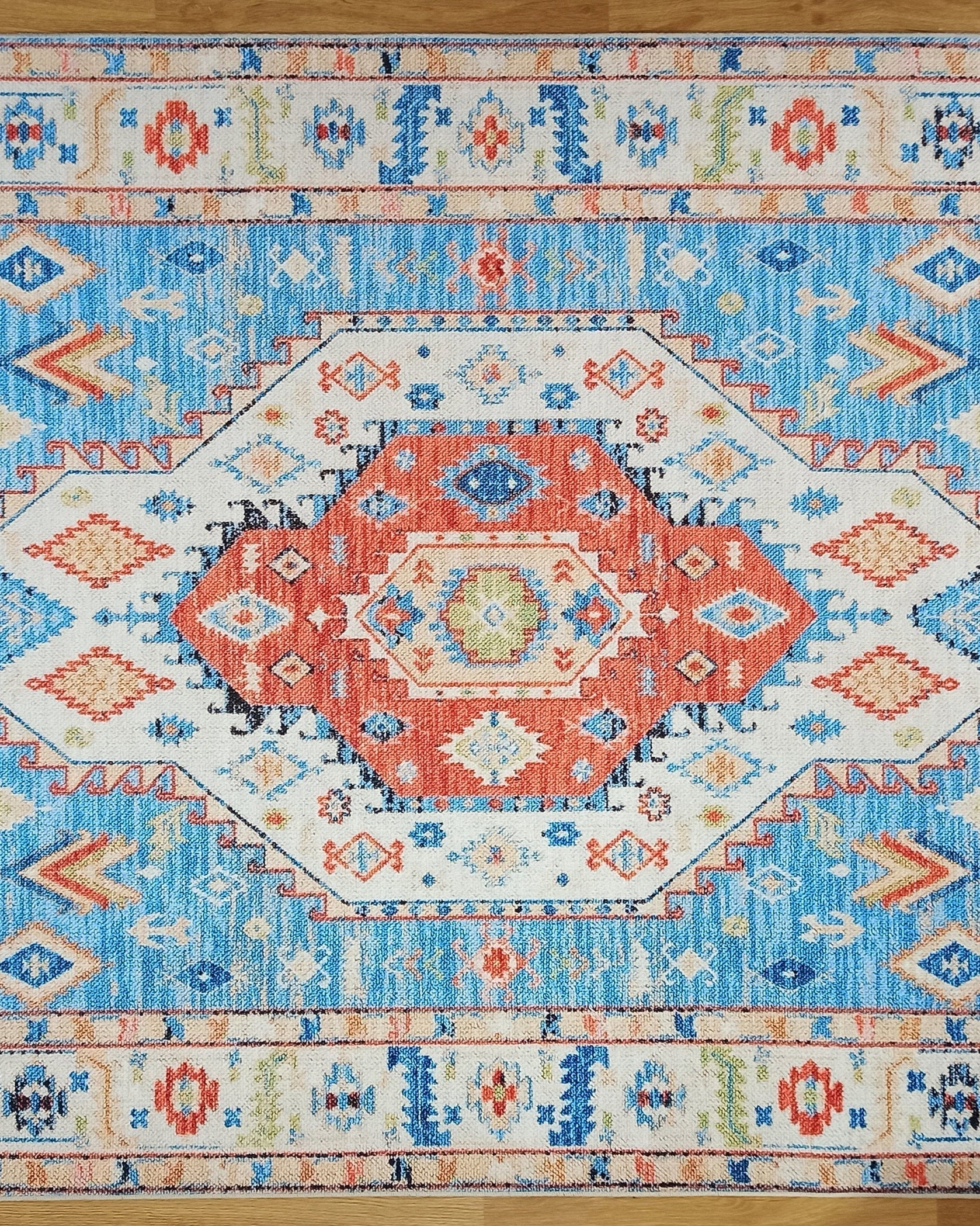 Daniz Rug Turkish Light Blue & Coral Red Rug
