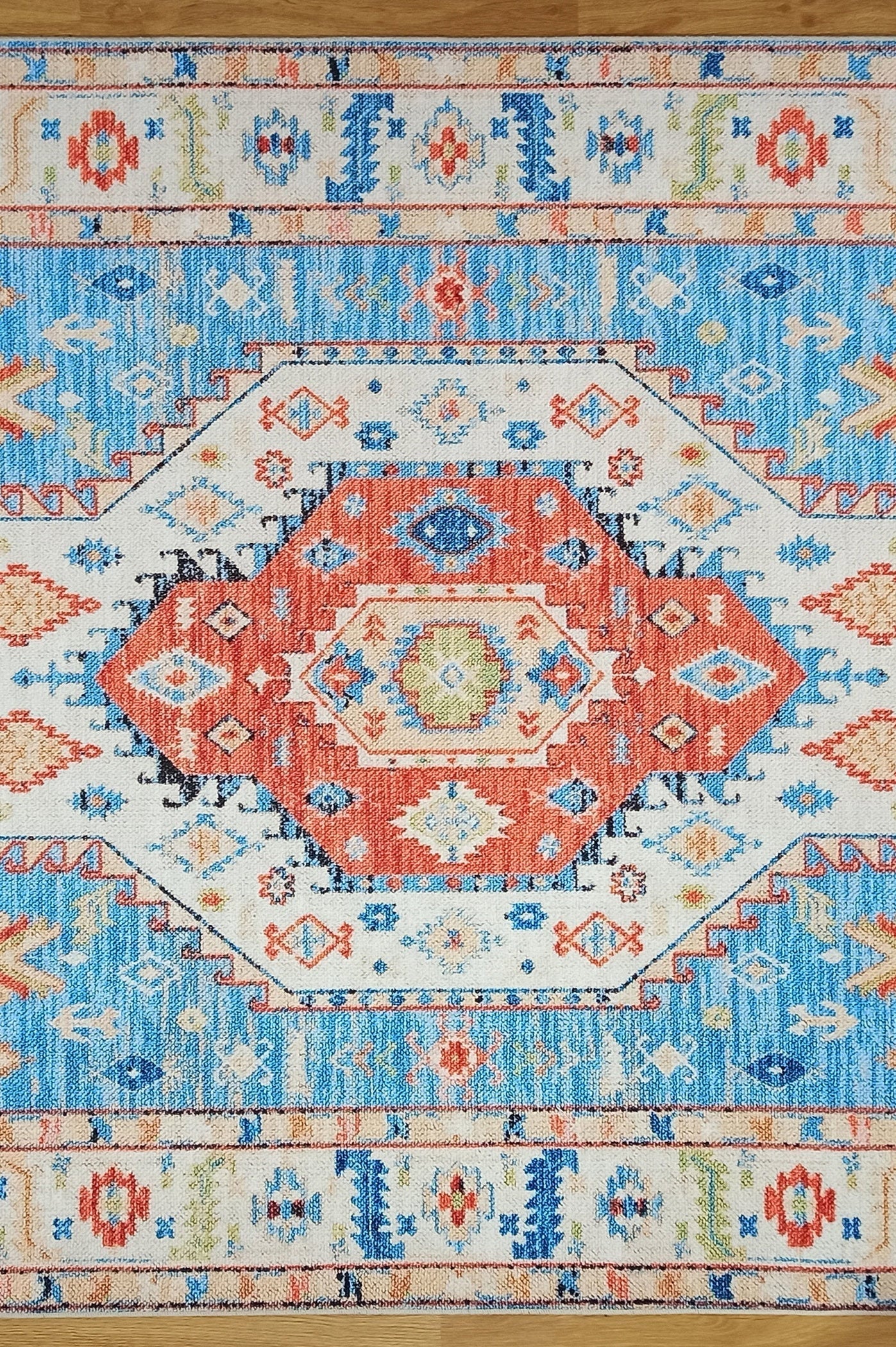Daniz Rug Turkish Light Blue & Coral Red Rug