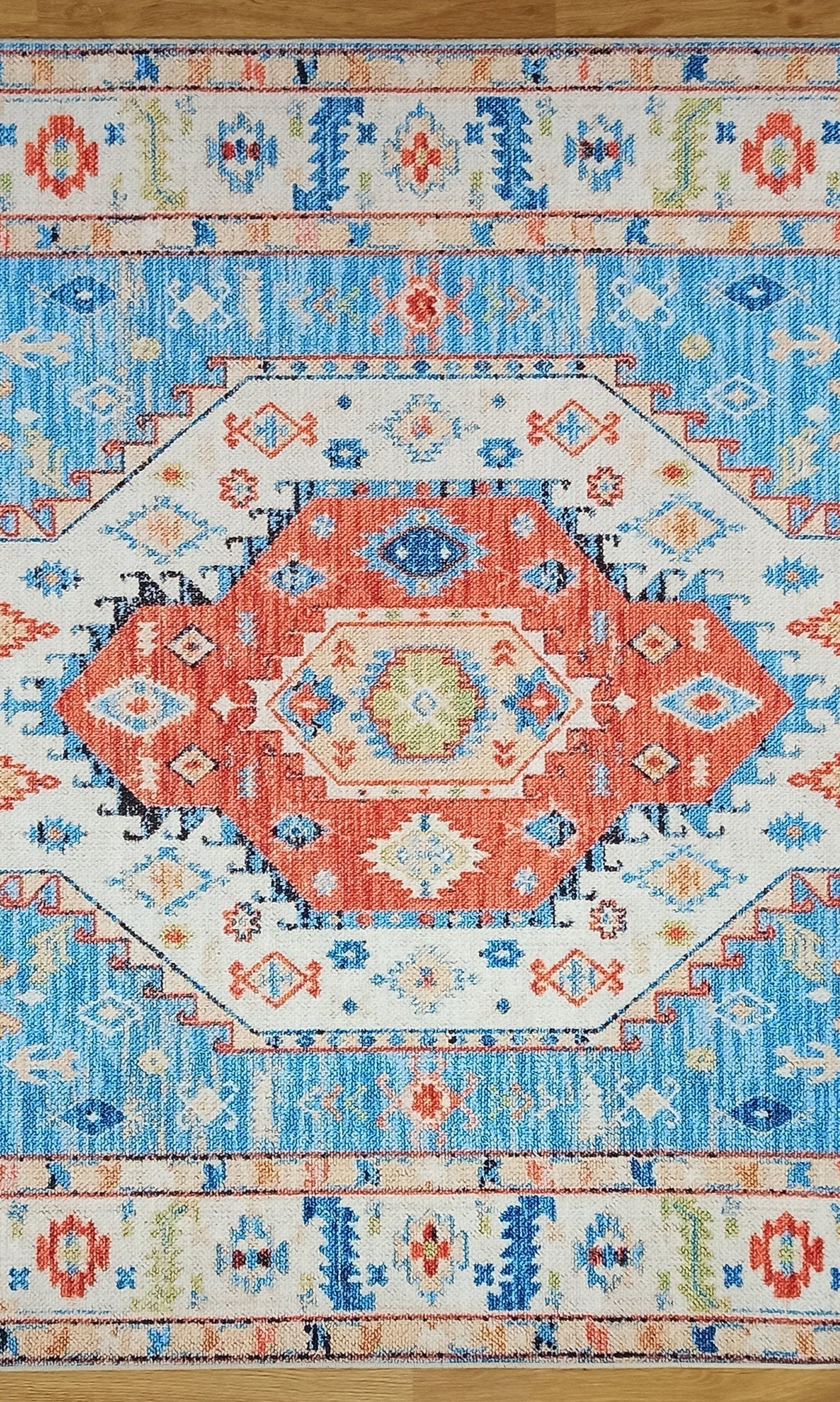 Daniz Rug Turkish Light Blue & Coral Red Rug