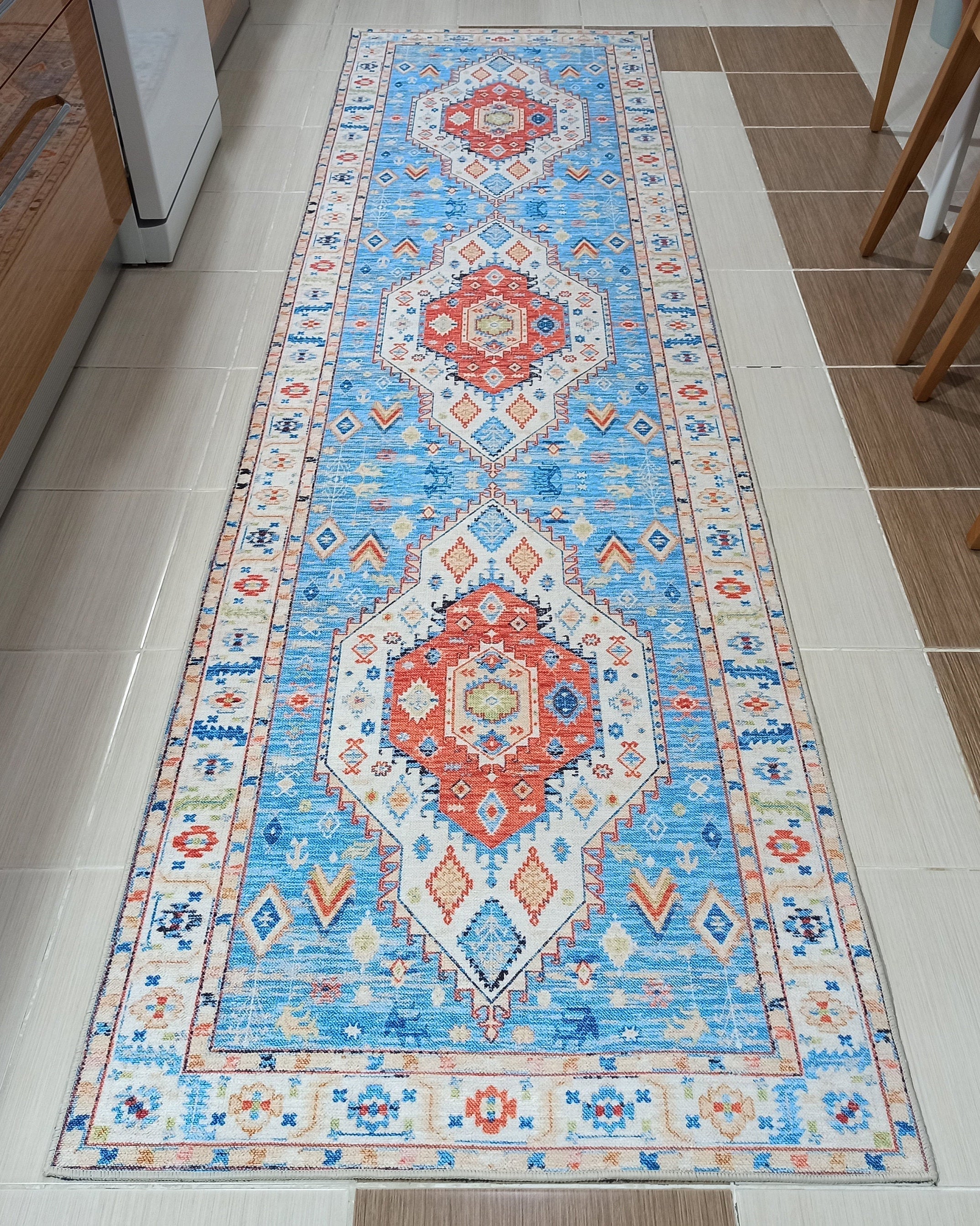 Daniz Rug Turkish Light Blue & Coral Red Rug