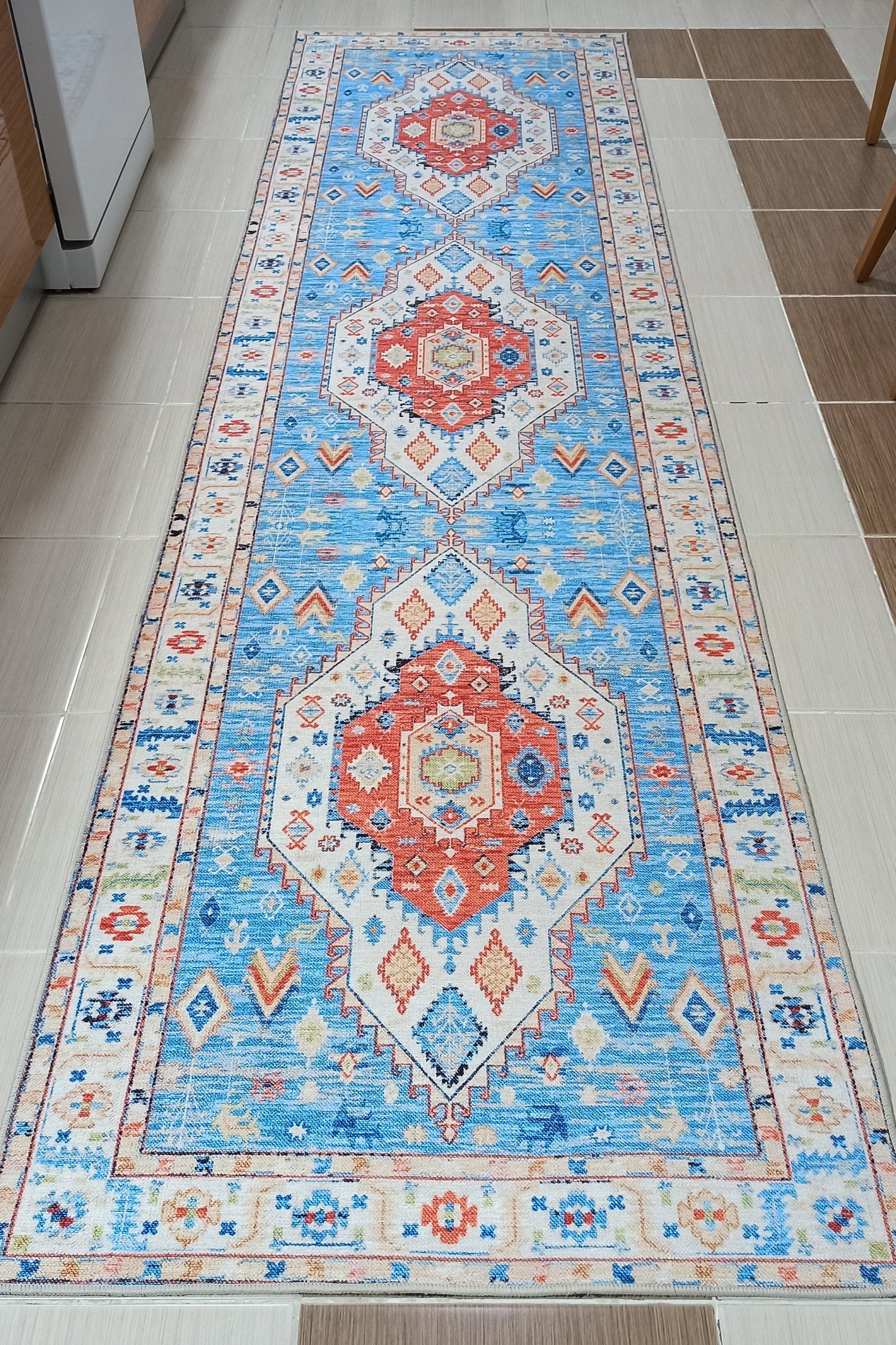 Daniz Rug Turkish Light Blue & Coral Red Rug