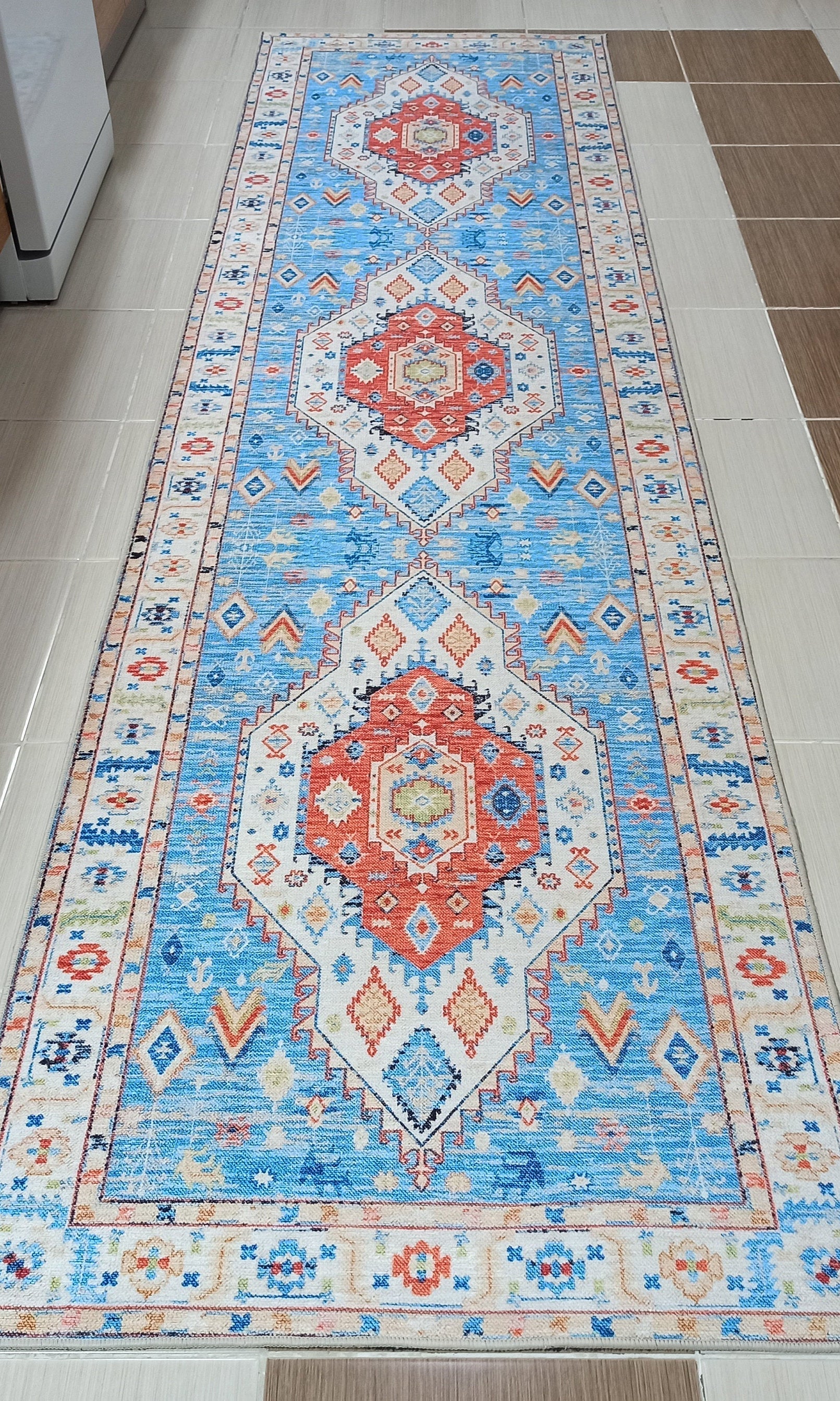Daniz Rug Turkish Light Blue & Coral Red Rug