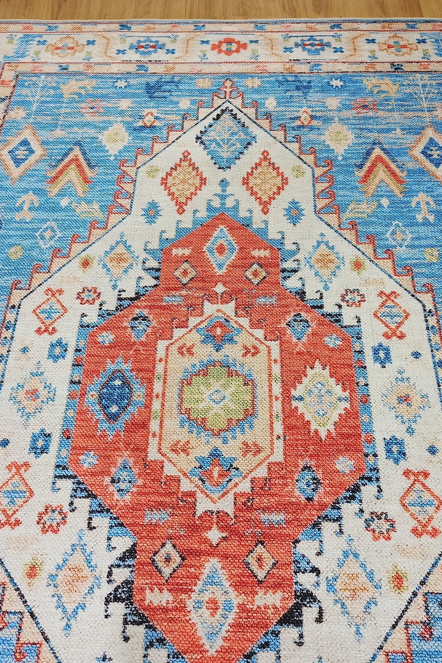Daniz Rug Turkish Light Blue & Coral Red Rug
