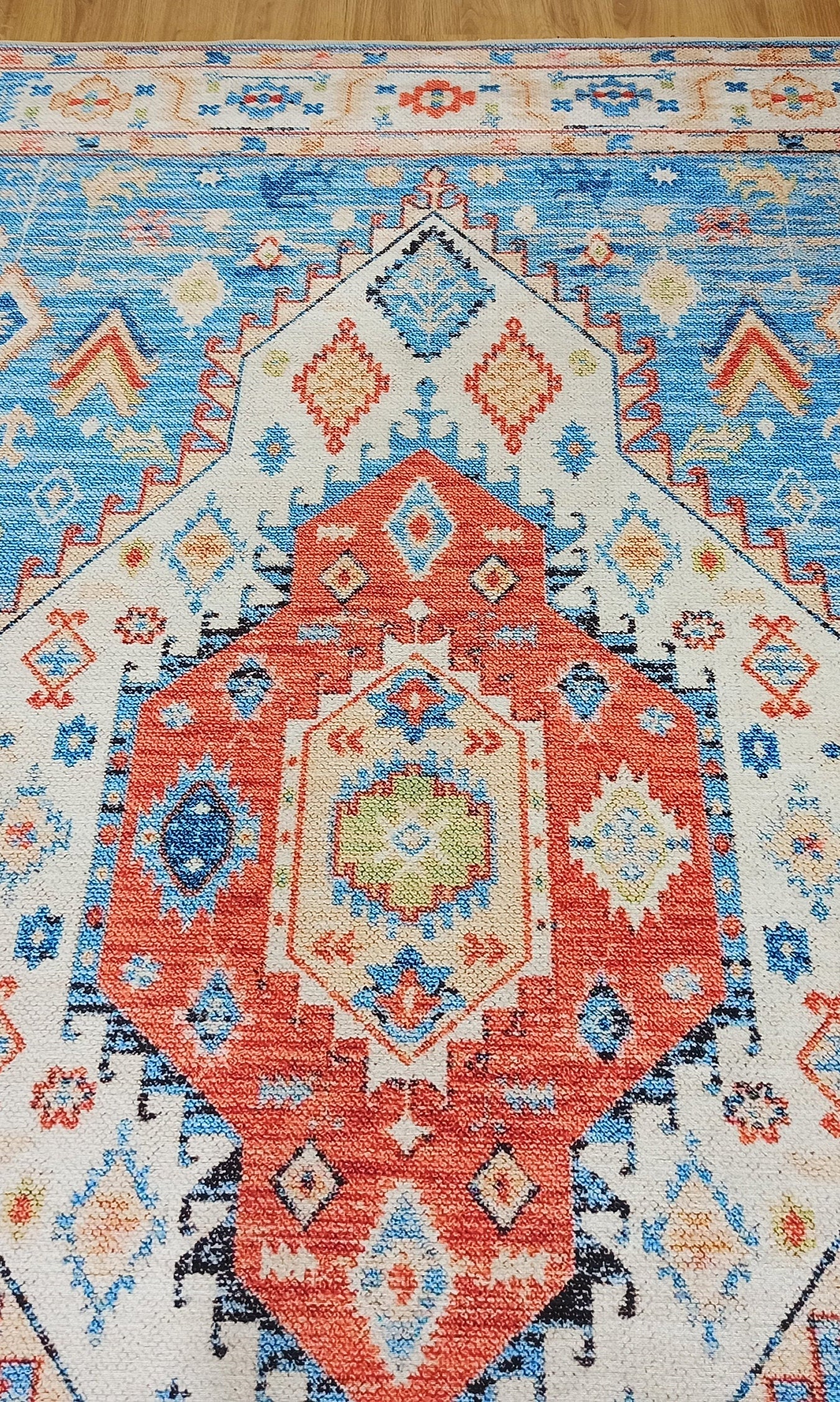 Daniz Rug Turkish Light Blue & Coral Red Rug