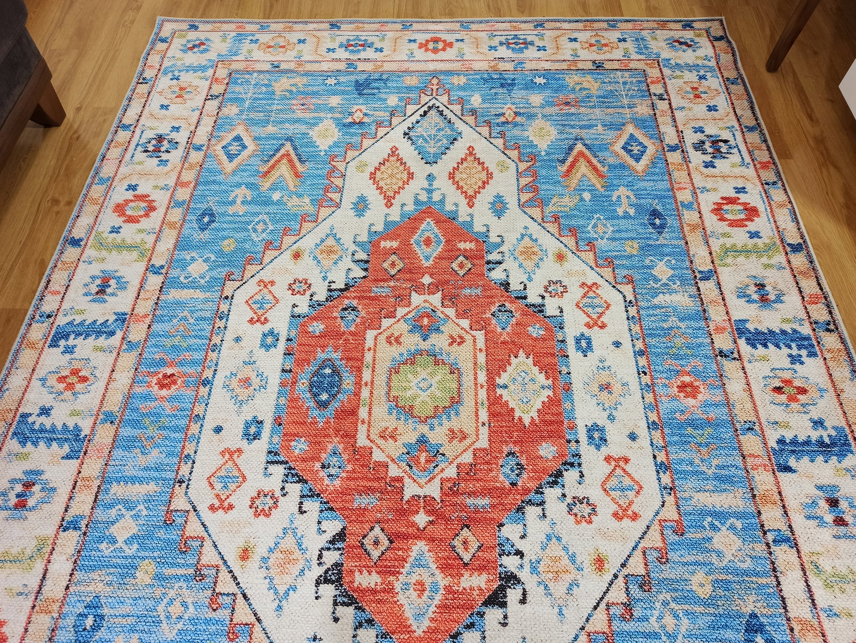 Daniz Rug Turkish Light Blue & Coral Red Rug