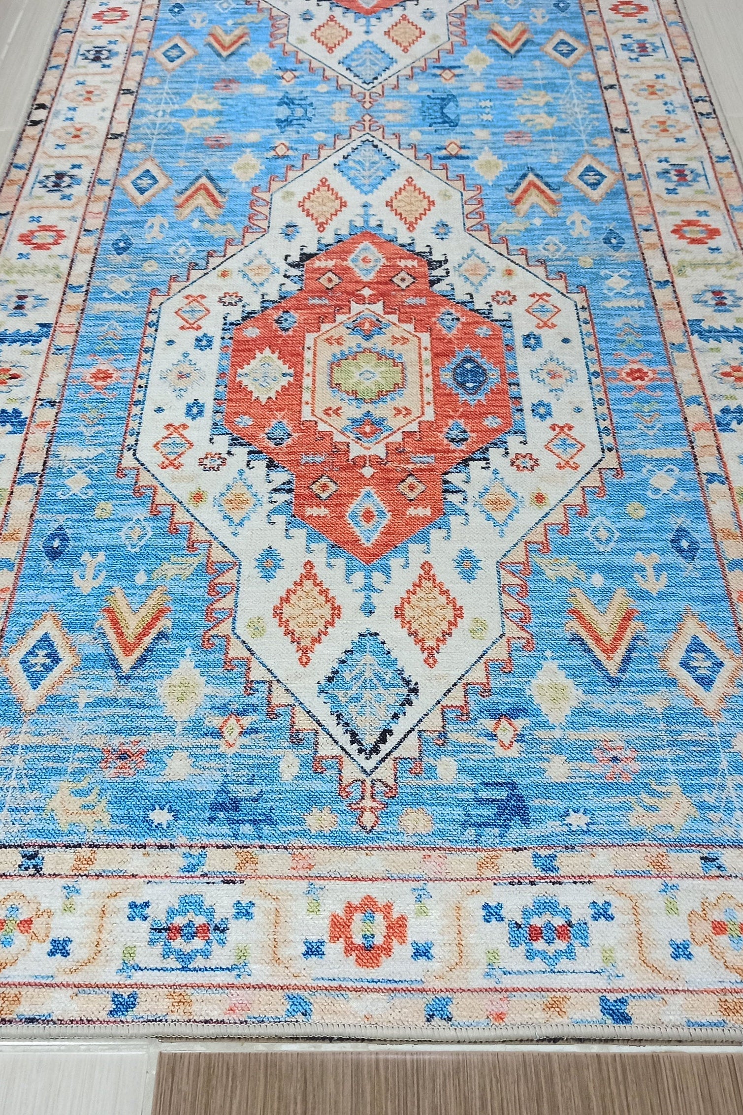 Daniz Rug Turkish Light Blue & Coral Red Rug