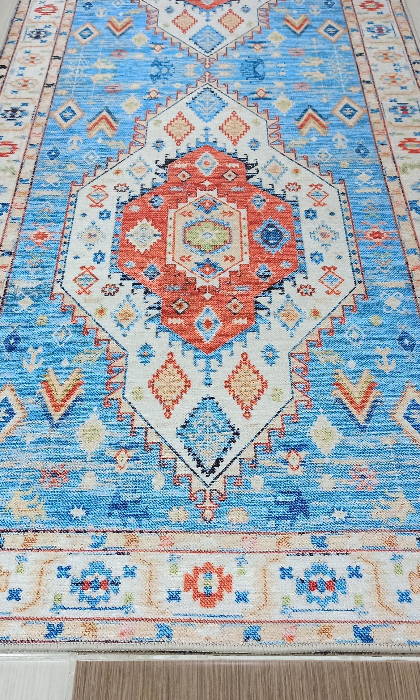Daniz Rug Turkish Light Blue & Coral Red Rug