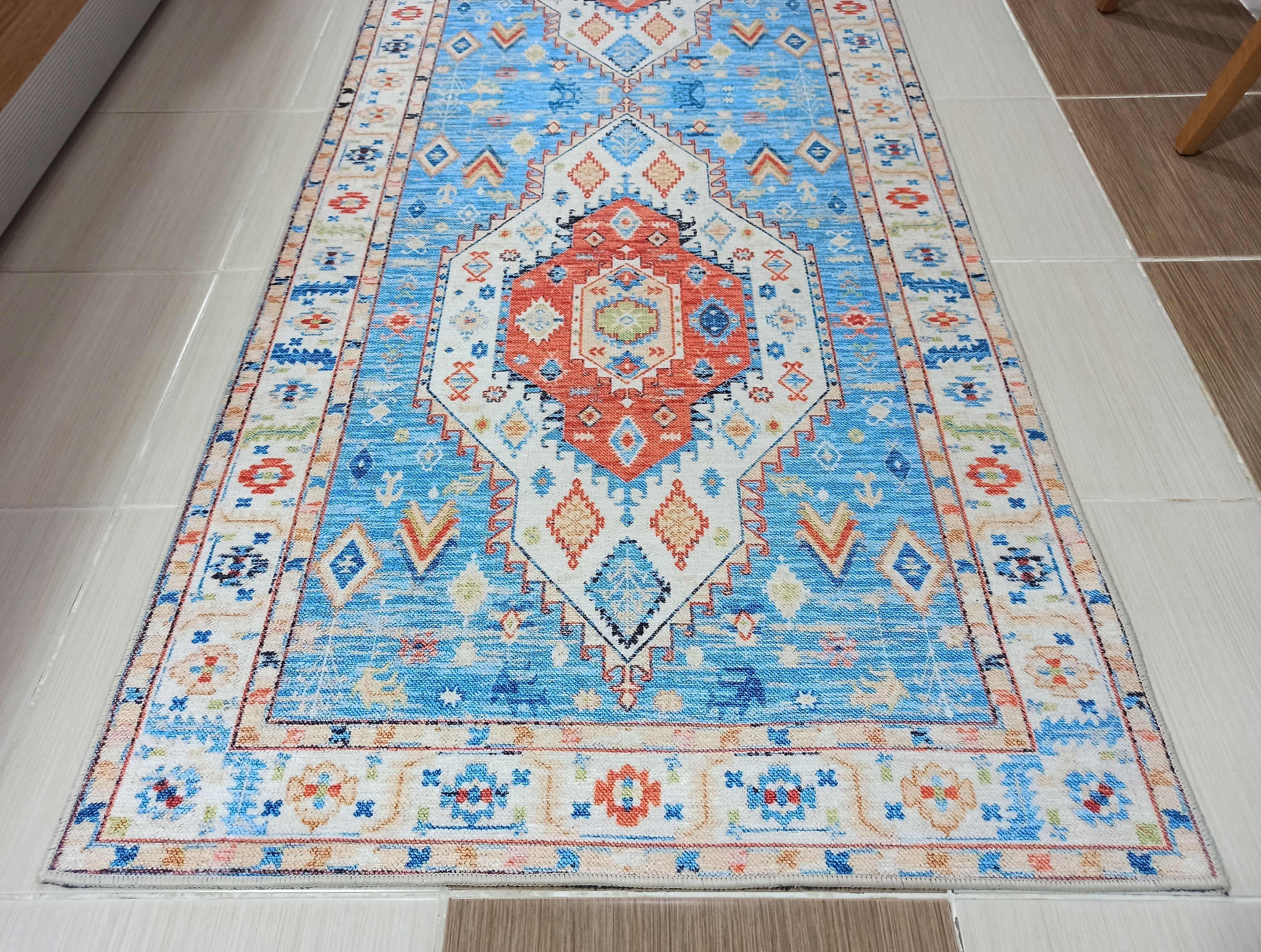 Daniz Rug Turkish Light Blue & Coral Red Rug
