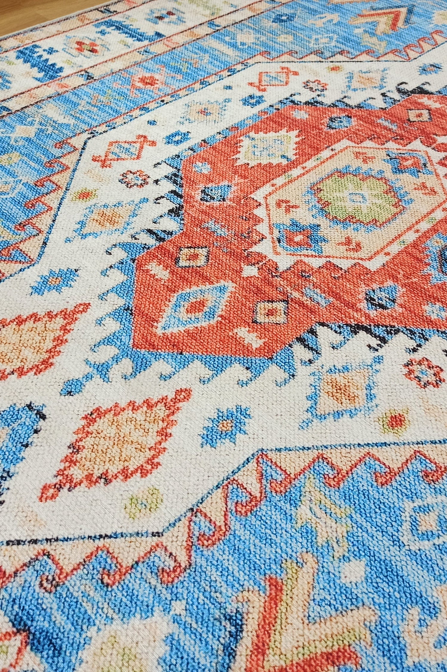 Daniz Rug Turkish Light Blue & Coral Red Rug