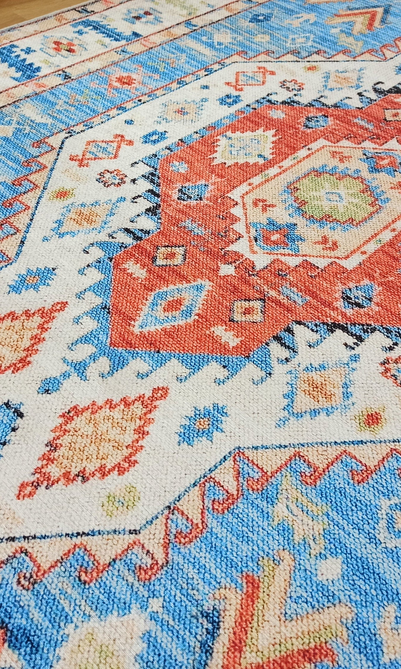 Daniz Rug Turkish Light Blue & Coral Red Rug