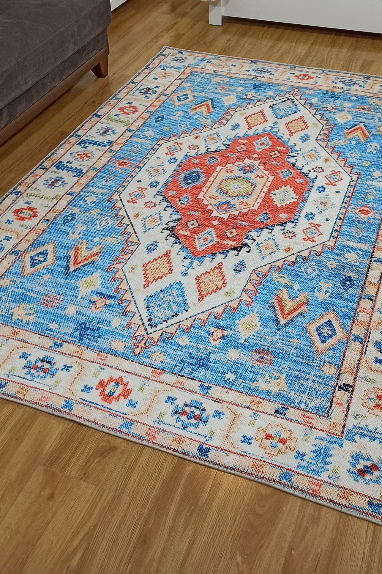 Daniz Rug Turkish Light Blue & Coral Red Rug