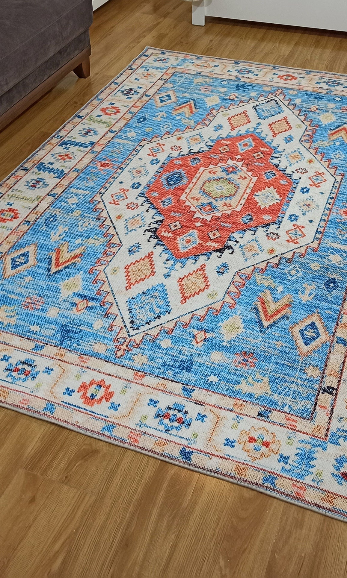 Daniz Rug Turkish Light Blue & Coral Red Rug