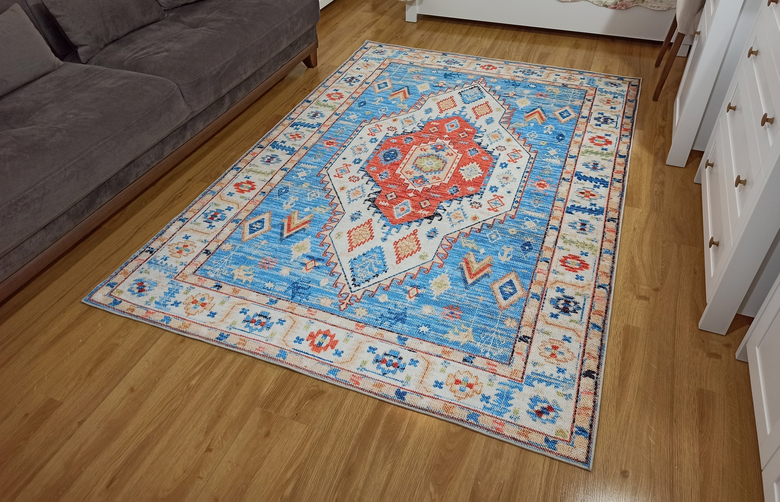 Daniz Rug Turkish Light Blue & Coral Red Rug