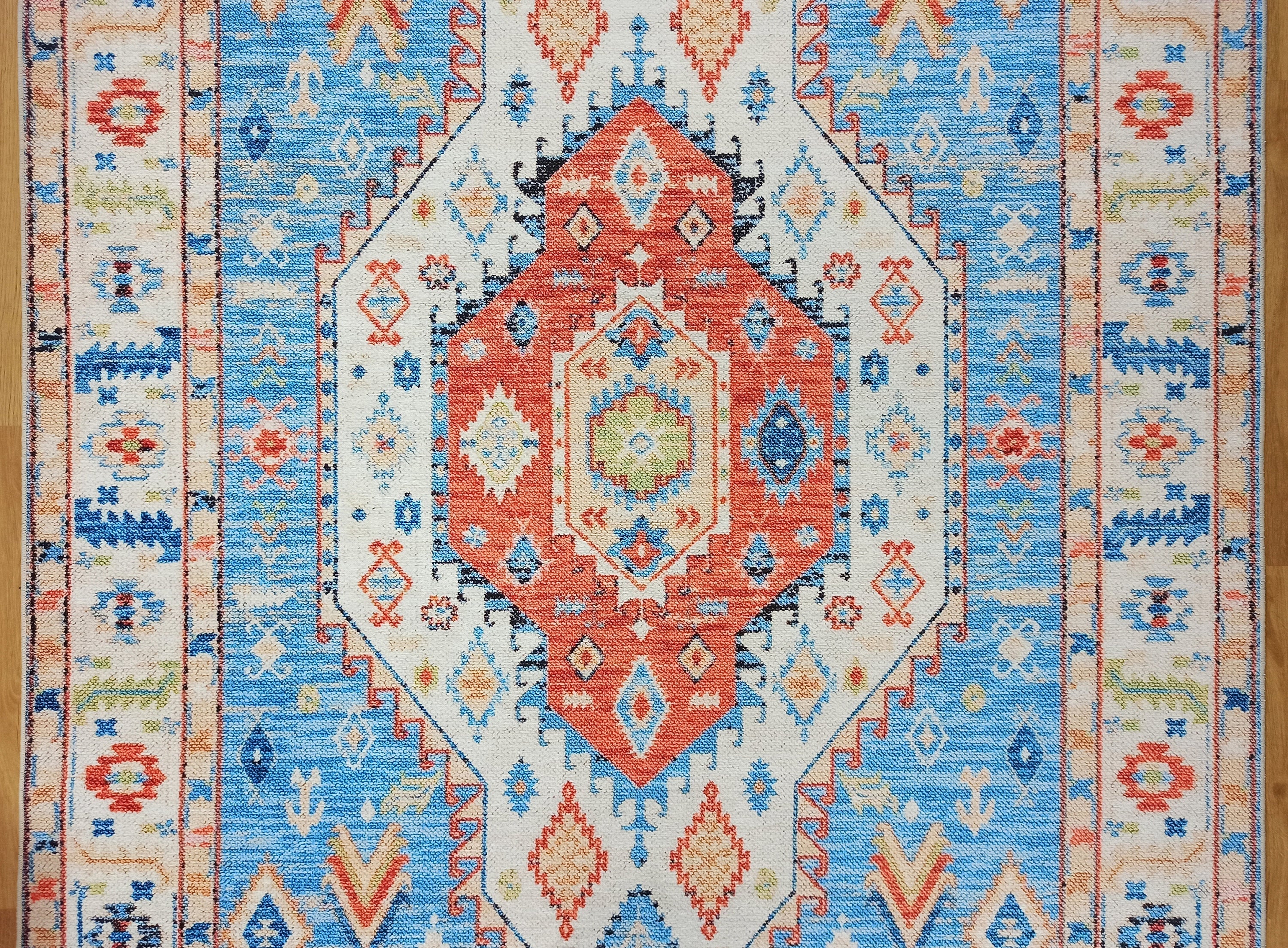 Daniz Rug Turkish Light Blue & Coral Red Rug