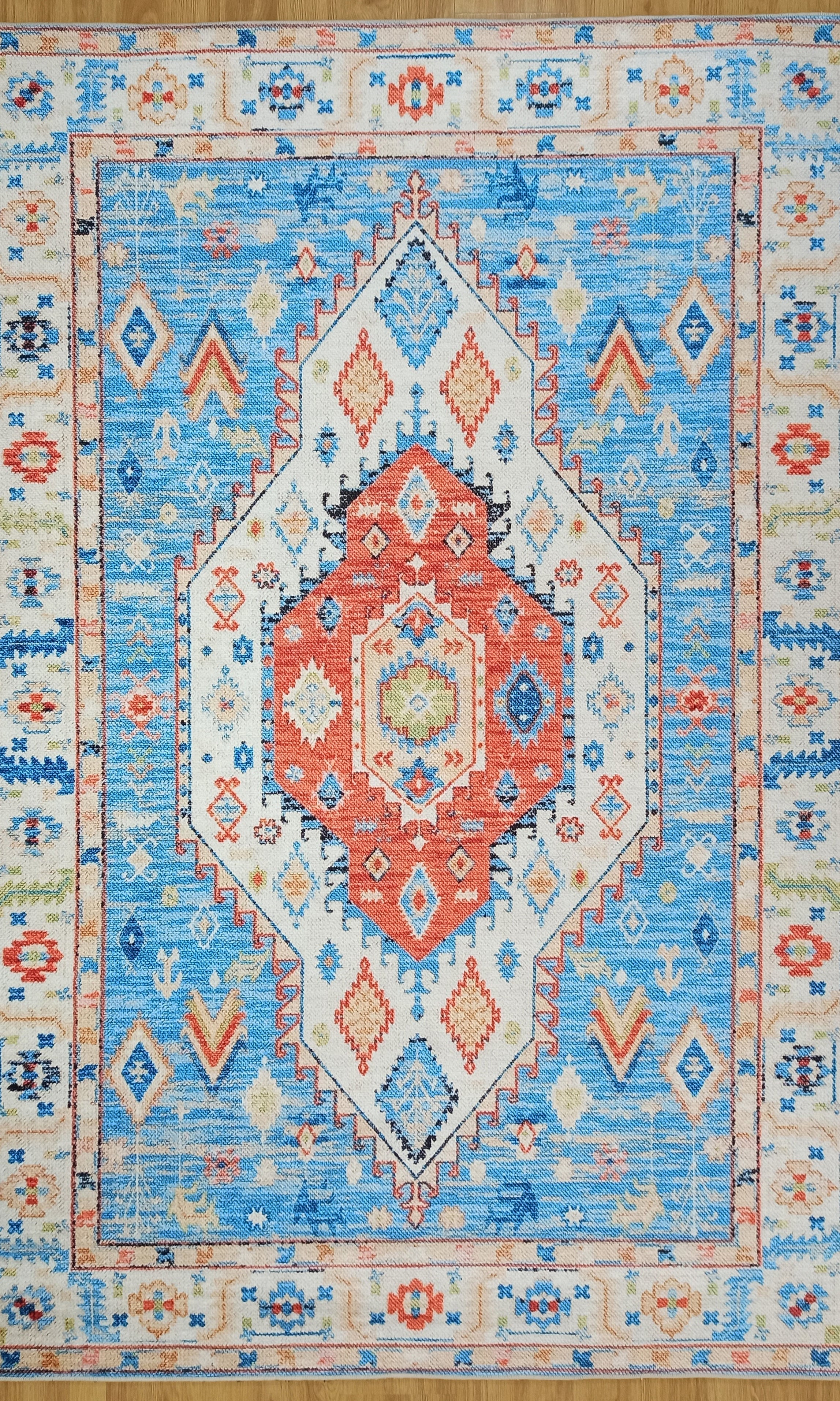 Daniz Rug Turkish Light Blue & Coral Red Rug