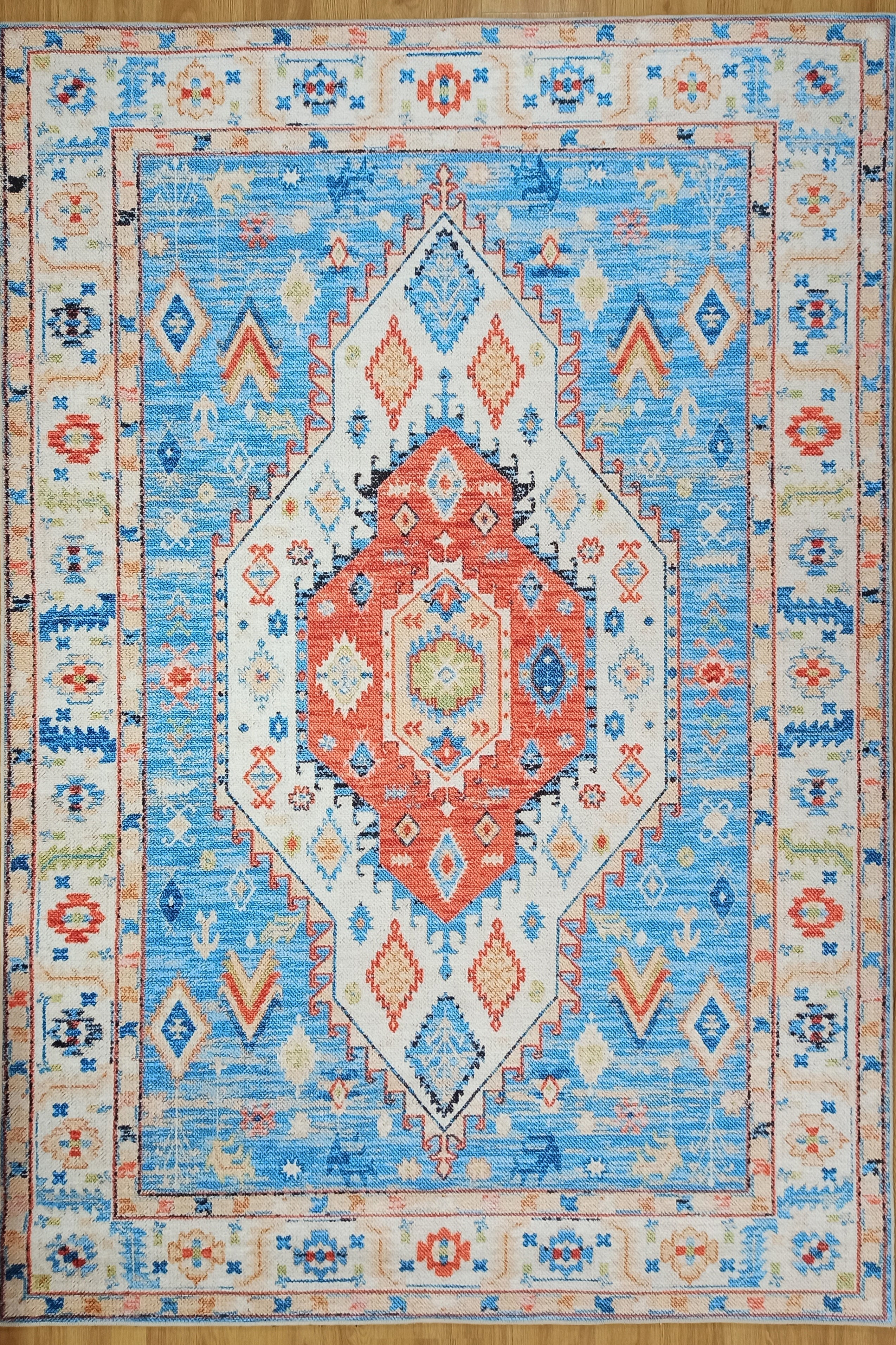 Daniz Rug Turkish Light Blue & Coral Red Rug