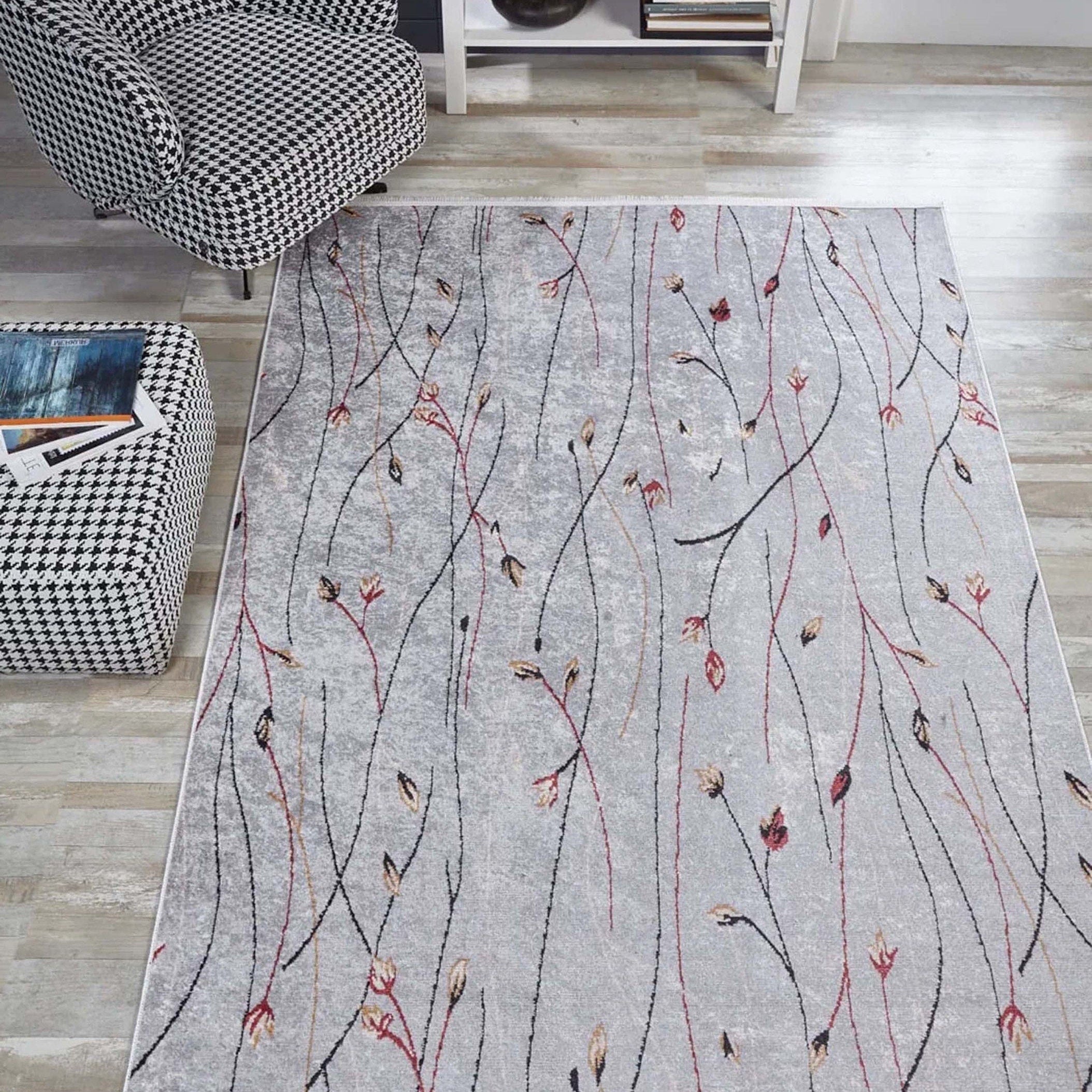 Diara Neutral Gray Minimalist Flower Design Gray Rug