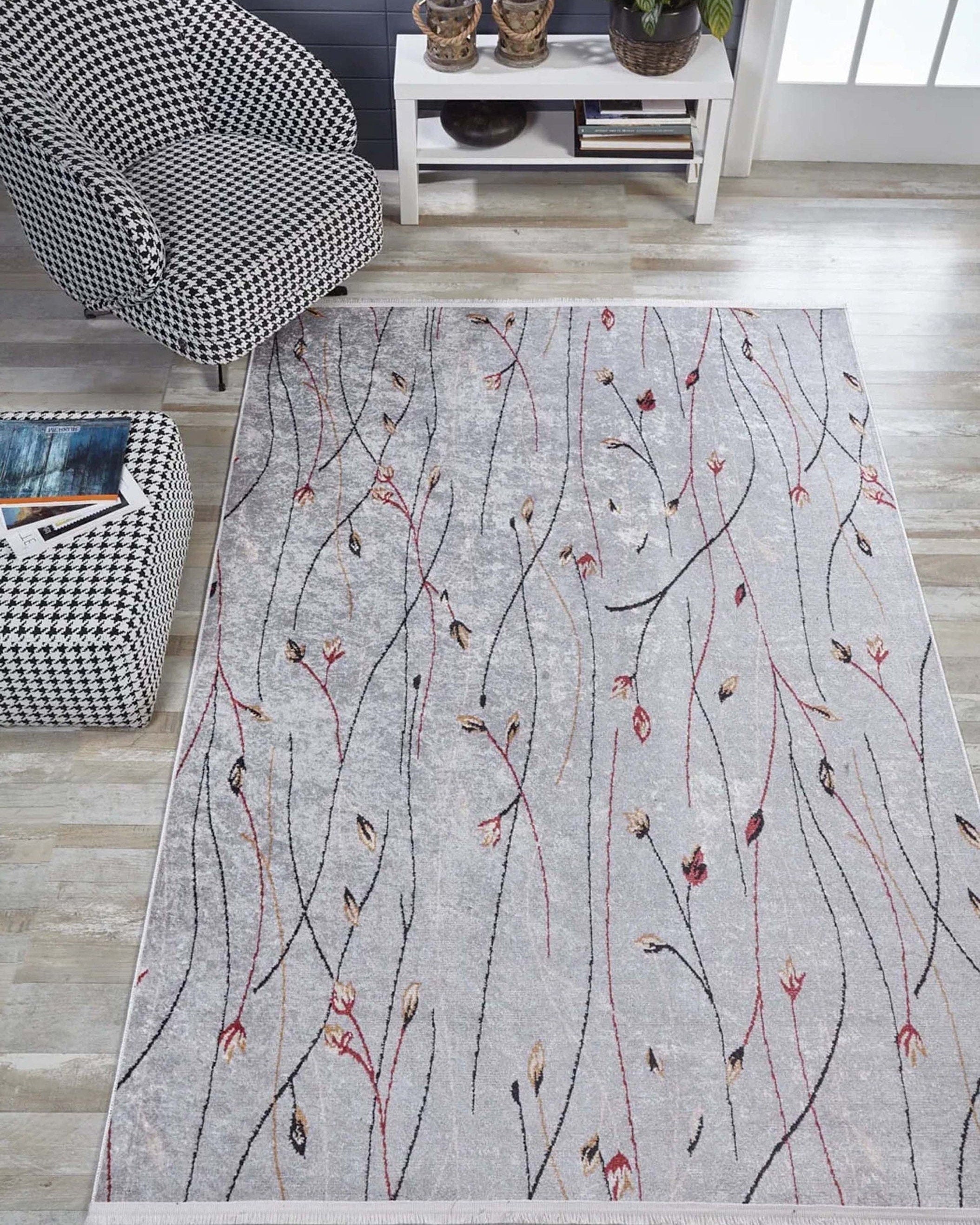 Diara Neutral Gray Minimalist Flower Design Gray Rug