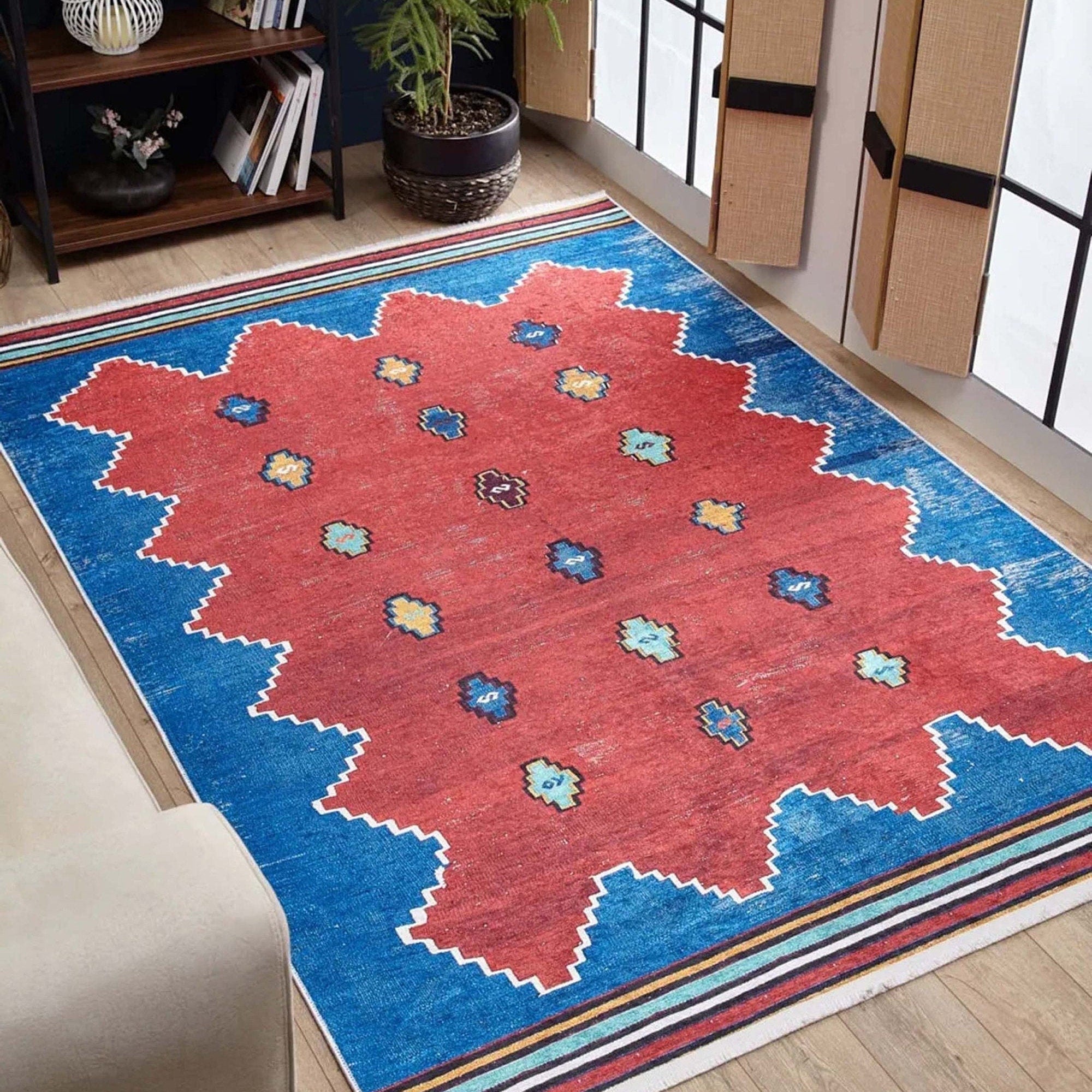Elma Turkish Kilim Flatweave Red Blue Rug