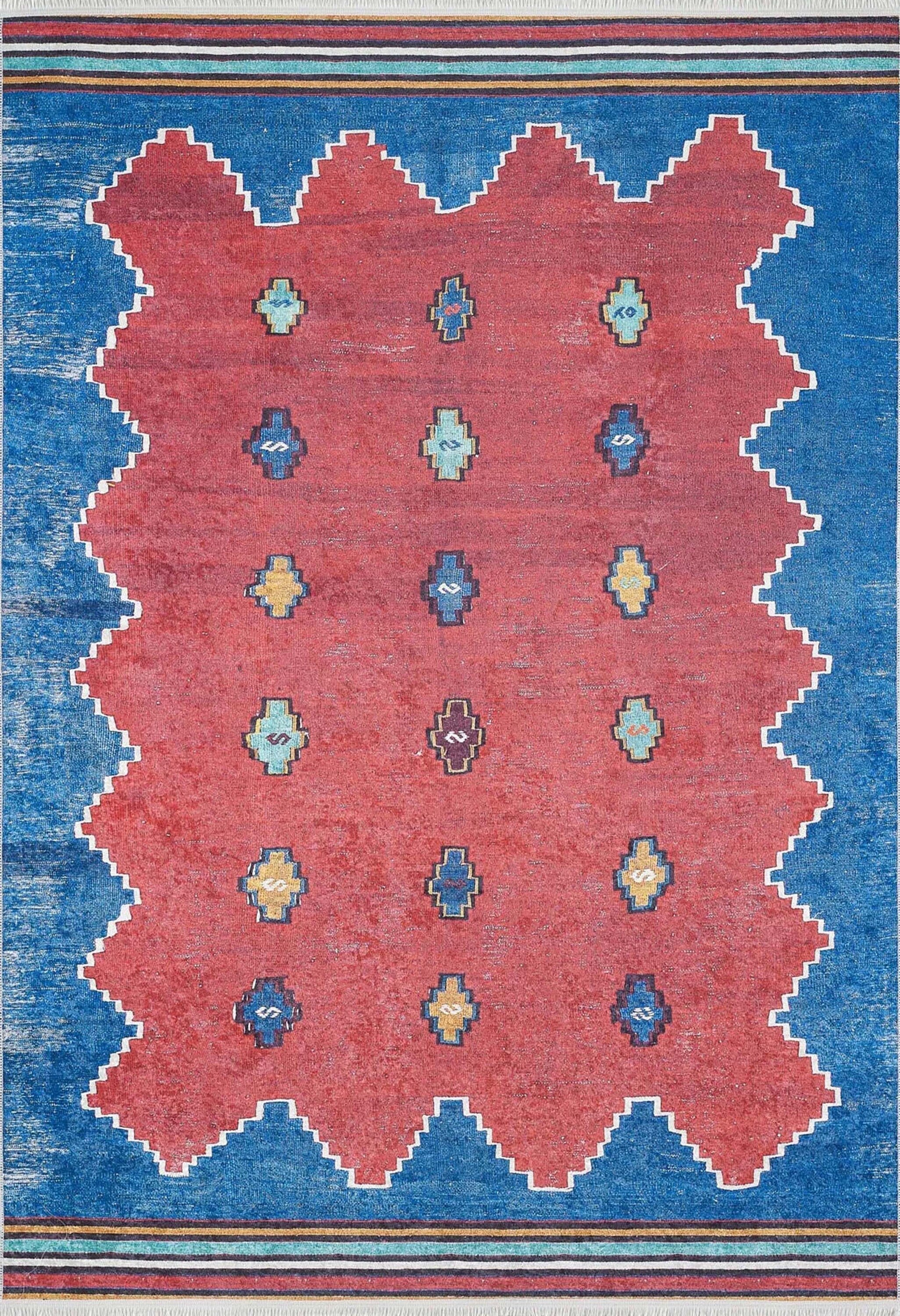 Elma Turkish Kilim Flatweave Red Blue Rug