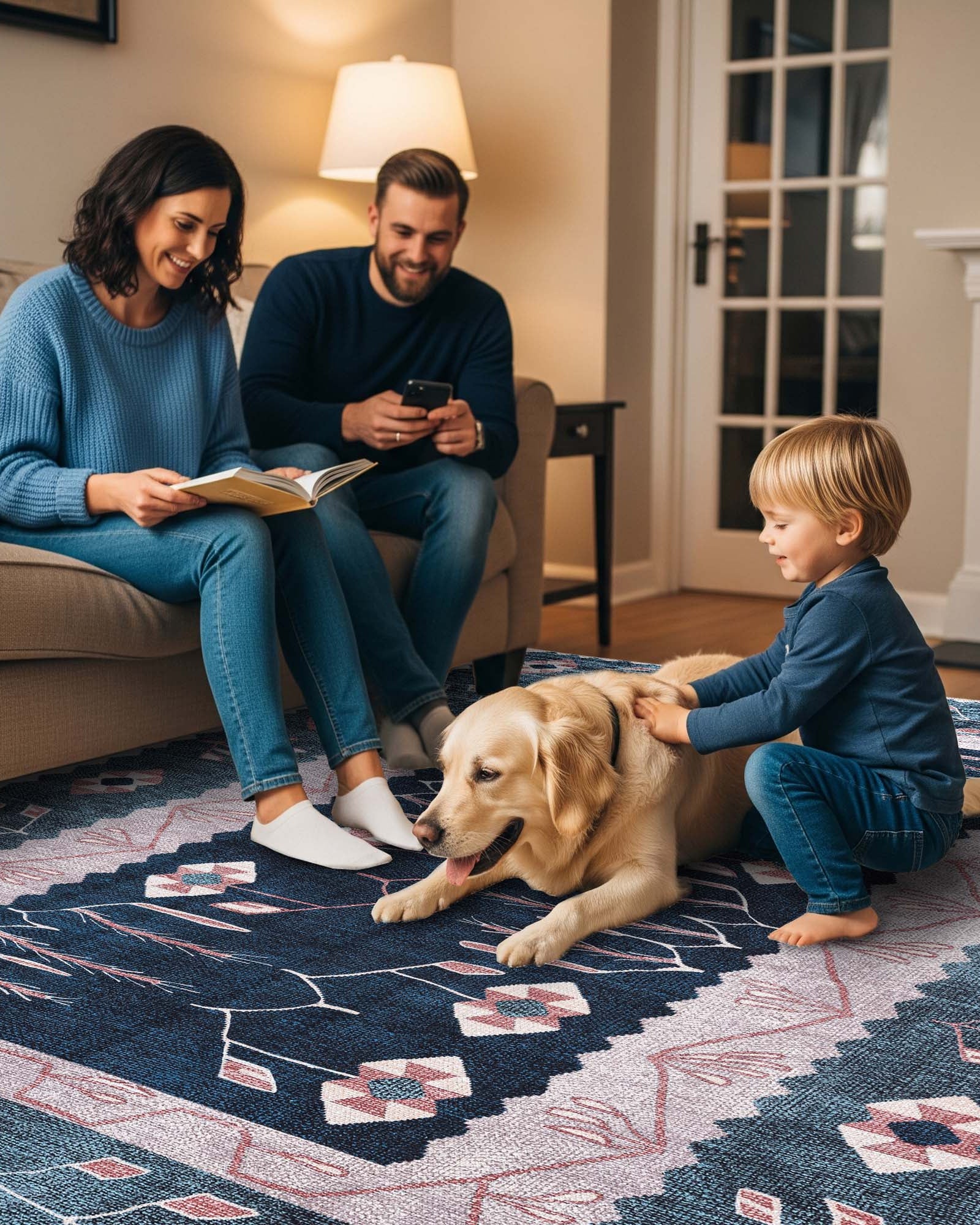 Marceline Navy Blue Floral Turkish Kilim Rug