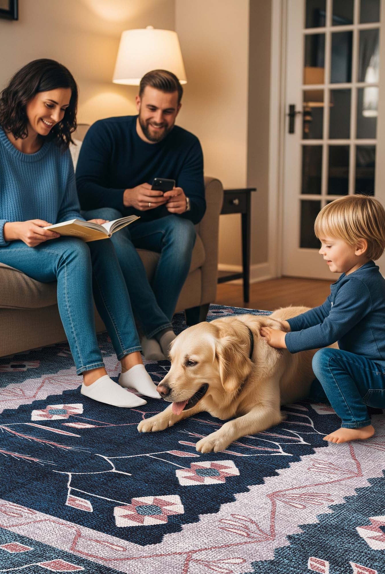 Marceline Navy Blue Floral Turkish Kilim Rug