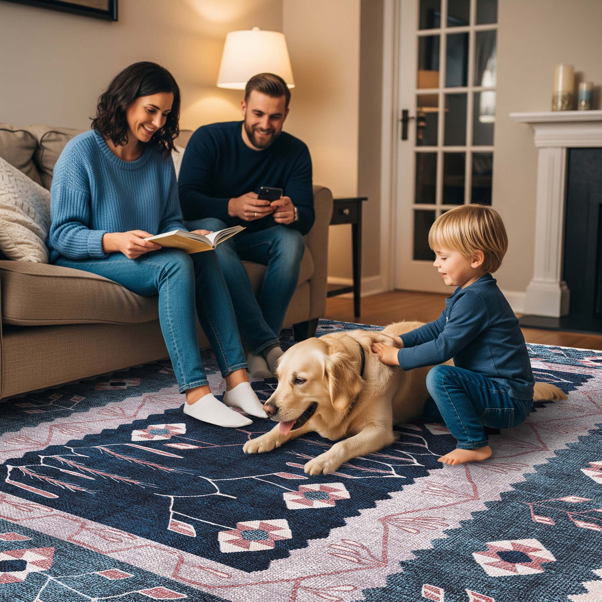 Marceline Navy Blue Floral Turkish Kilim Rug